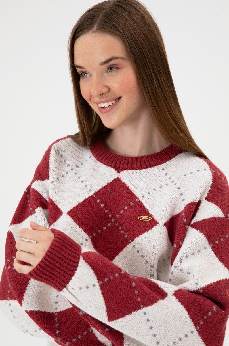 Kadın Koyu Frambuaz Bisiklet Yaka Kazak