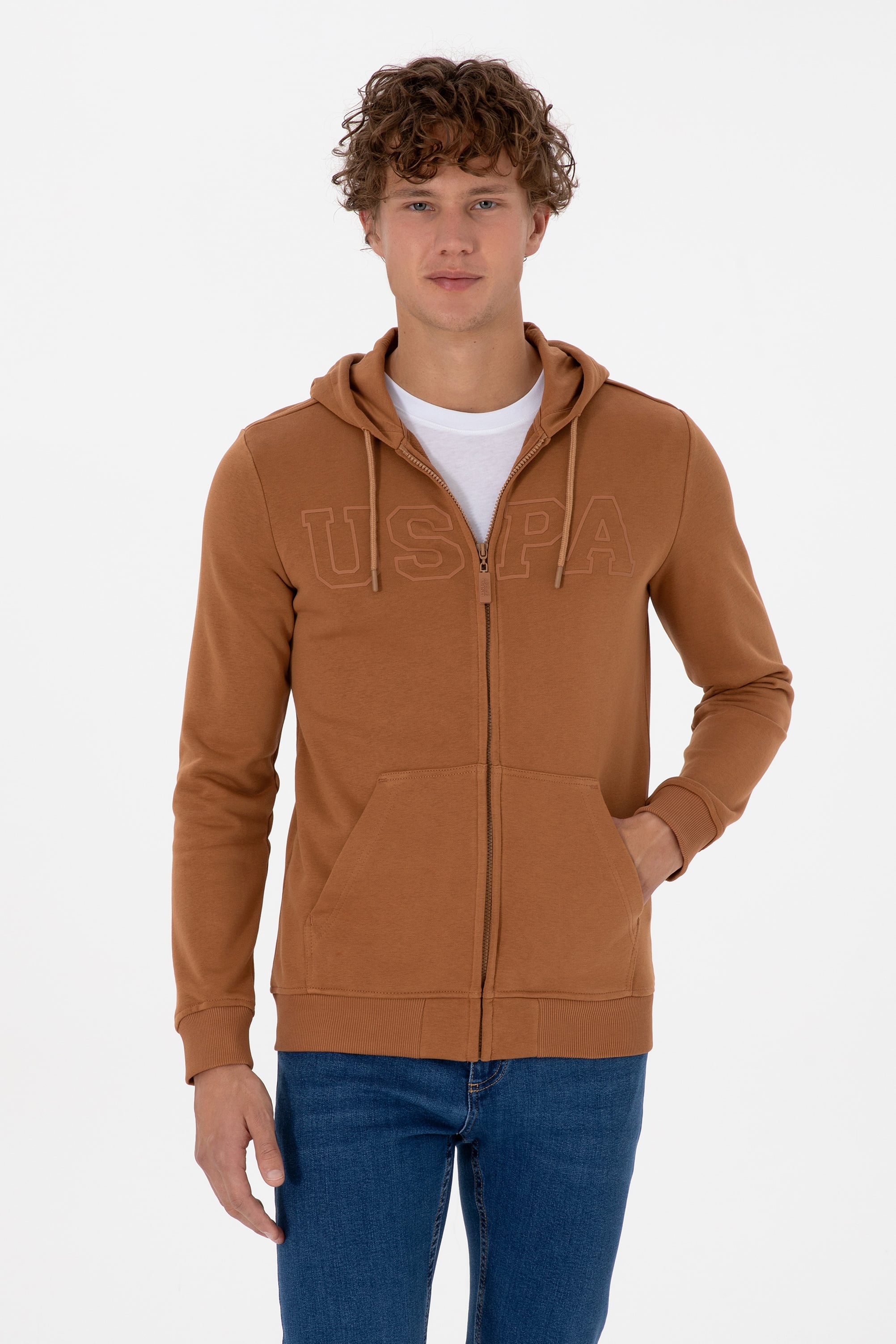 Erkek Regular Fit Fermuarlı Kapüşonlu Camel Örme Hırka