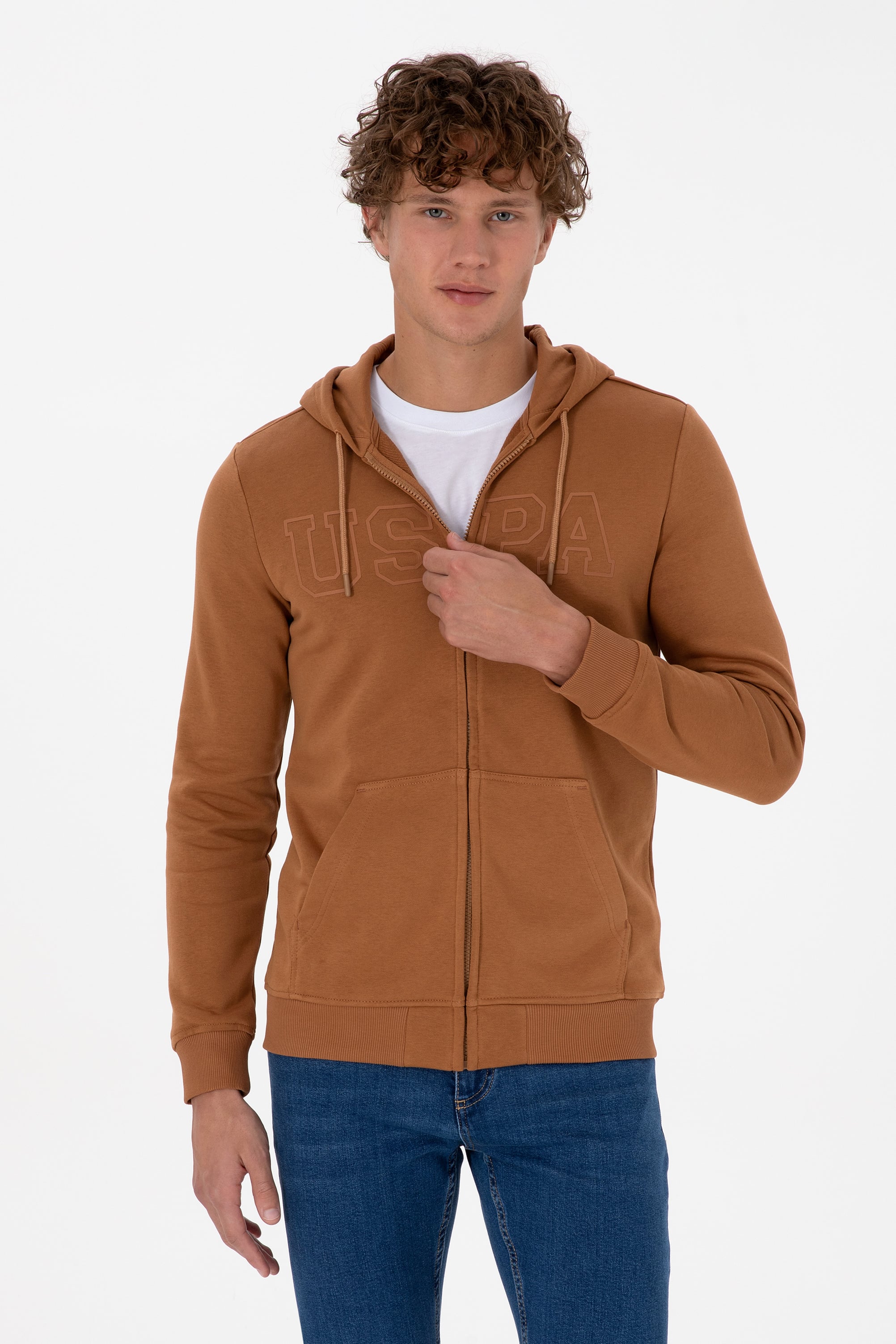 Erkek Regular Fit Fermuarlı Kapüşonlu Camel Örme Hırka