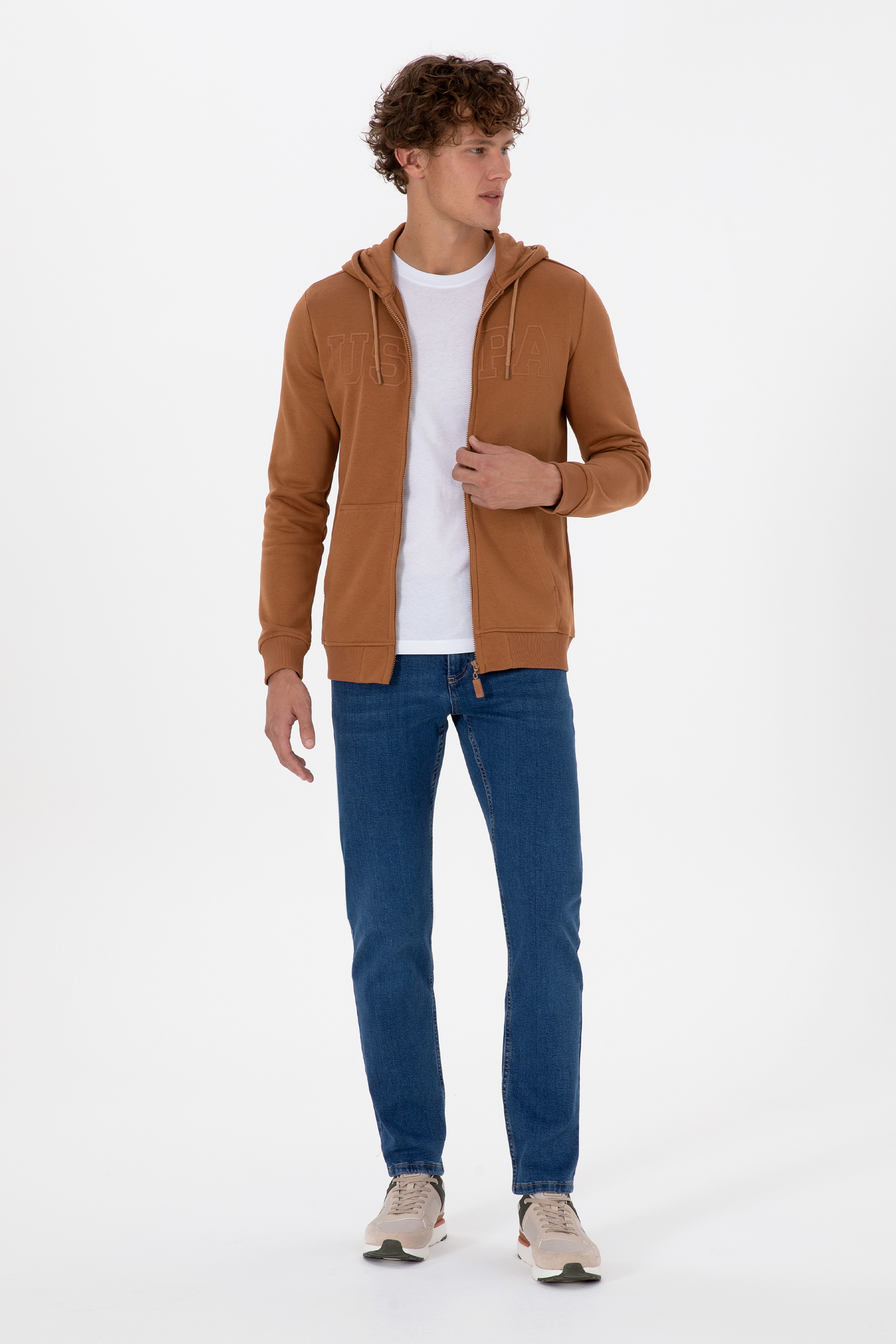 Erkek Regular Fit Fermuarlı Kapüşonlu Camel Örme Hırka - Image 4