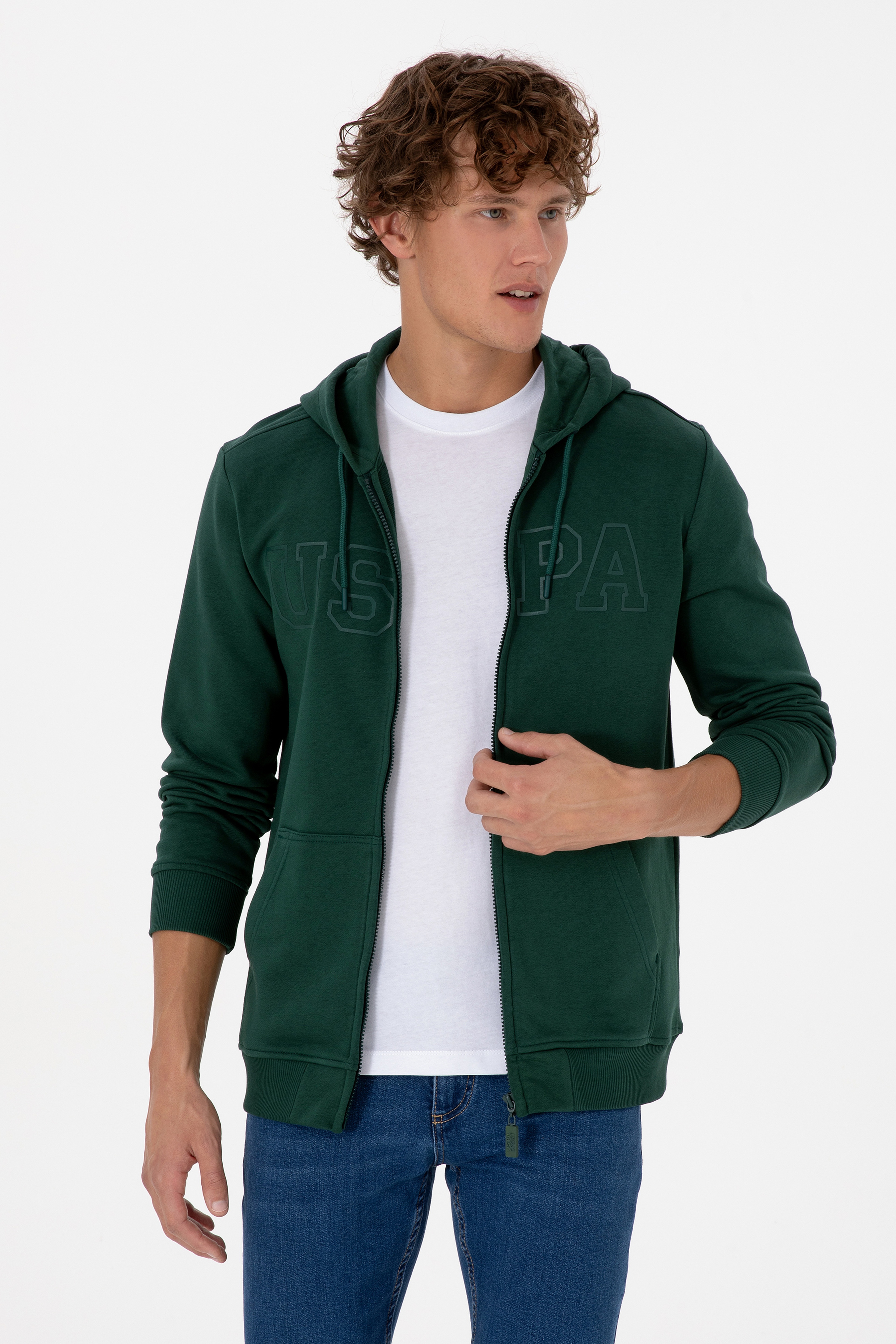 Erkek Regular Fit Fermuarlı Kapüşonlu Koyu Yeşil Örme Hırka