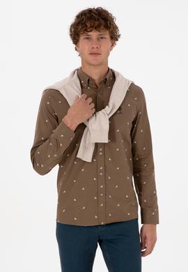 Erkek Haki Uzun Kollu Desenli Gömlek - 50316561015