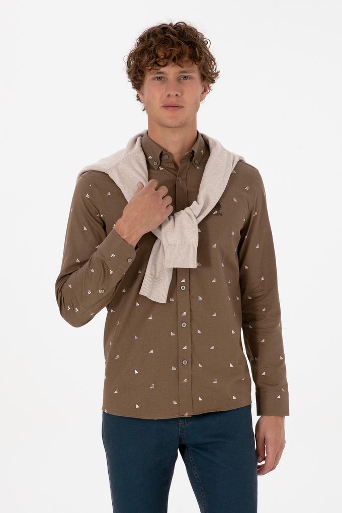 Erkek Haki Uzun Kollu Desenli Gömlek