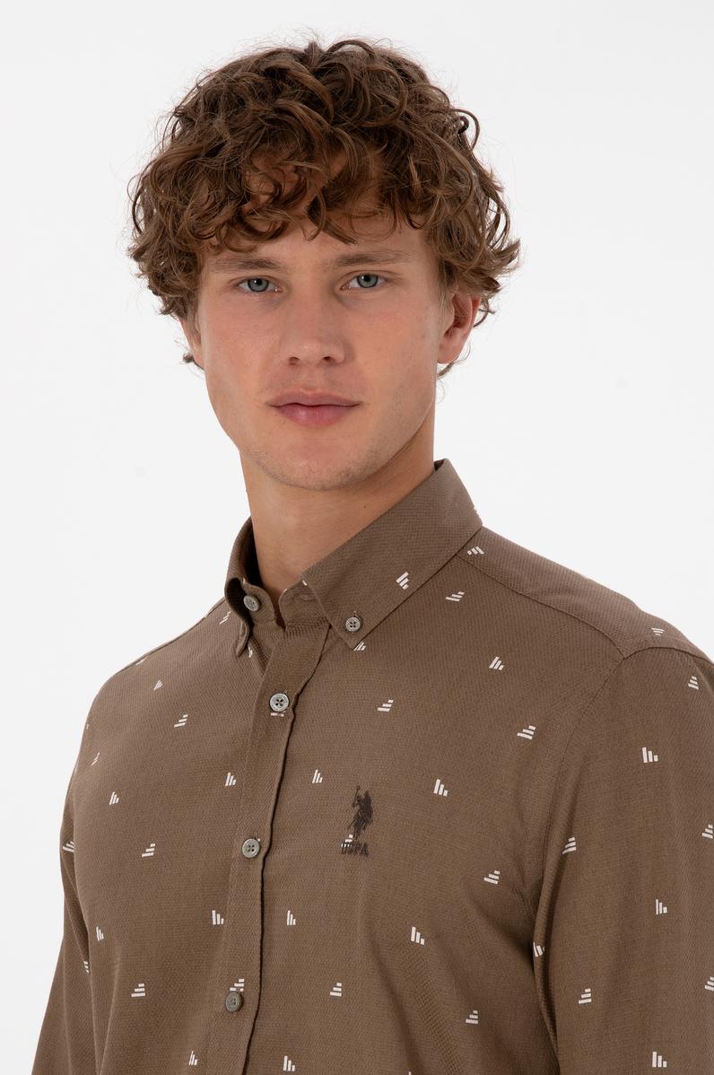 Erkek Haki Uzun Kollu Desenli Gömlek
