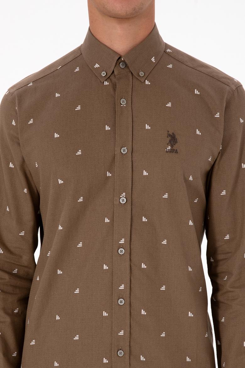 Erkek Haki Uzun Kollu Desenli Gömlek - 50316561015