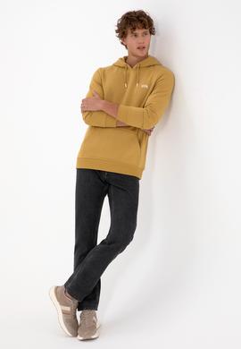 Erkek Regular Fit Kapüşonlu Şardonlu Hardal Basic Sweatshirt - 50315582297