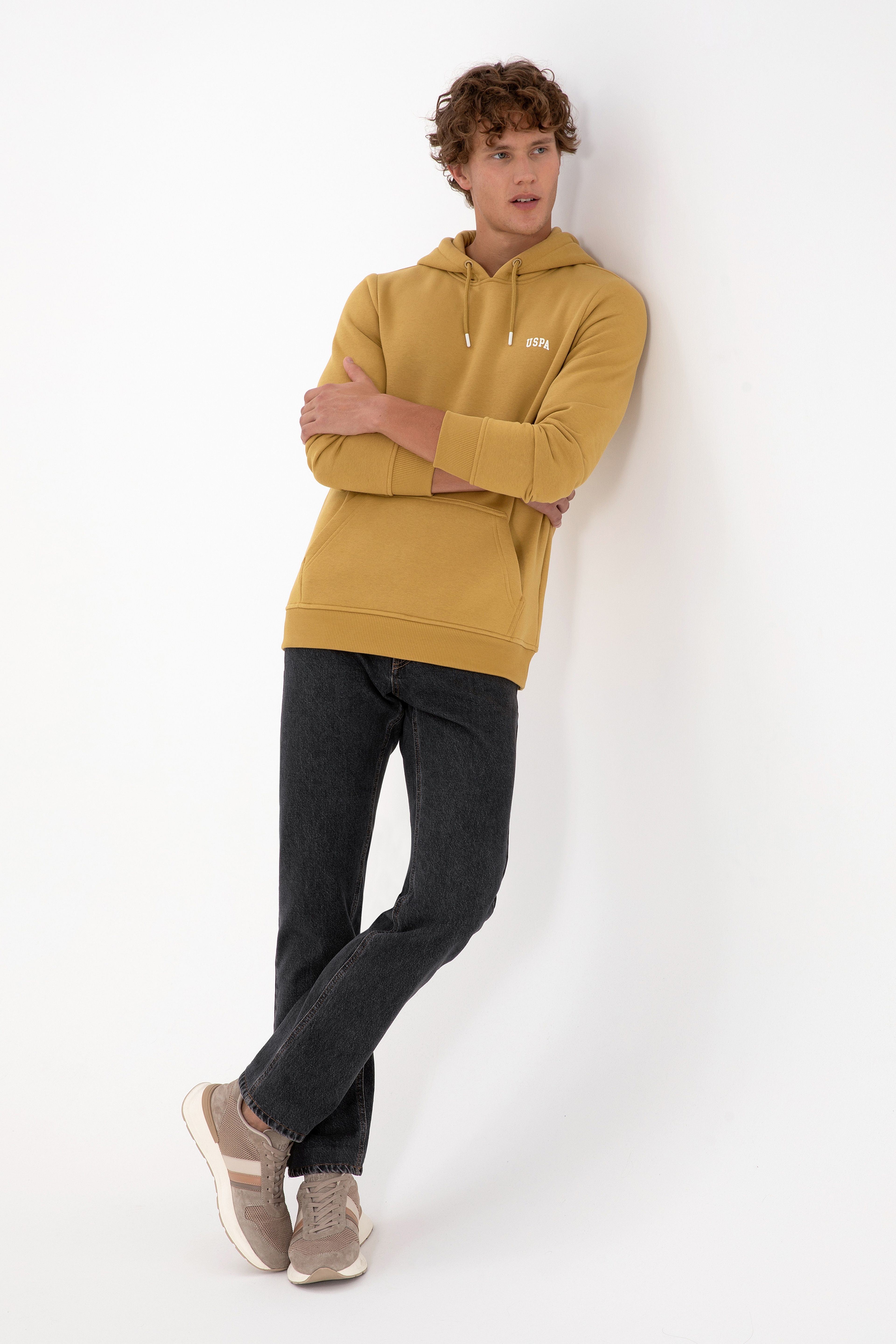 Erkek Regular Fit Kapüşonlu Şardonlu Hardal Basic Sweatshirt