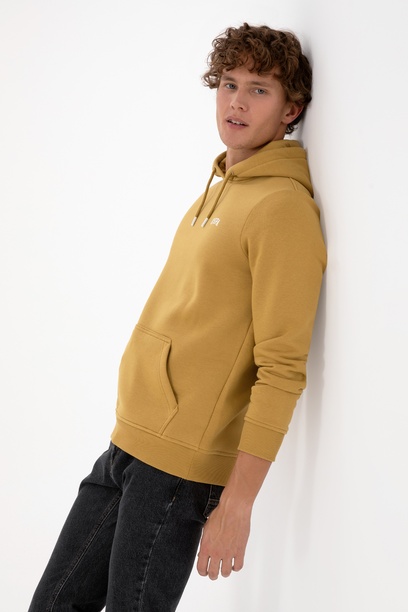 Erkek Regular Fit Kapüşonlu Şardonlu Hardal Basic Sweatshirt