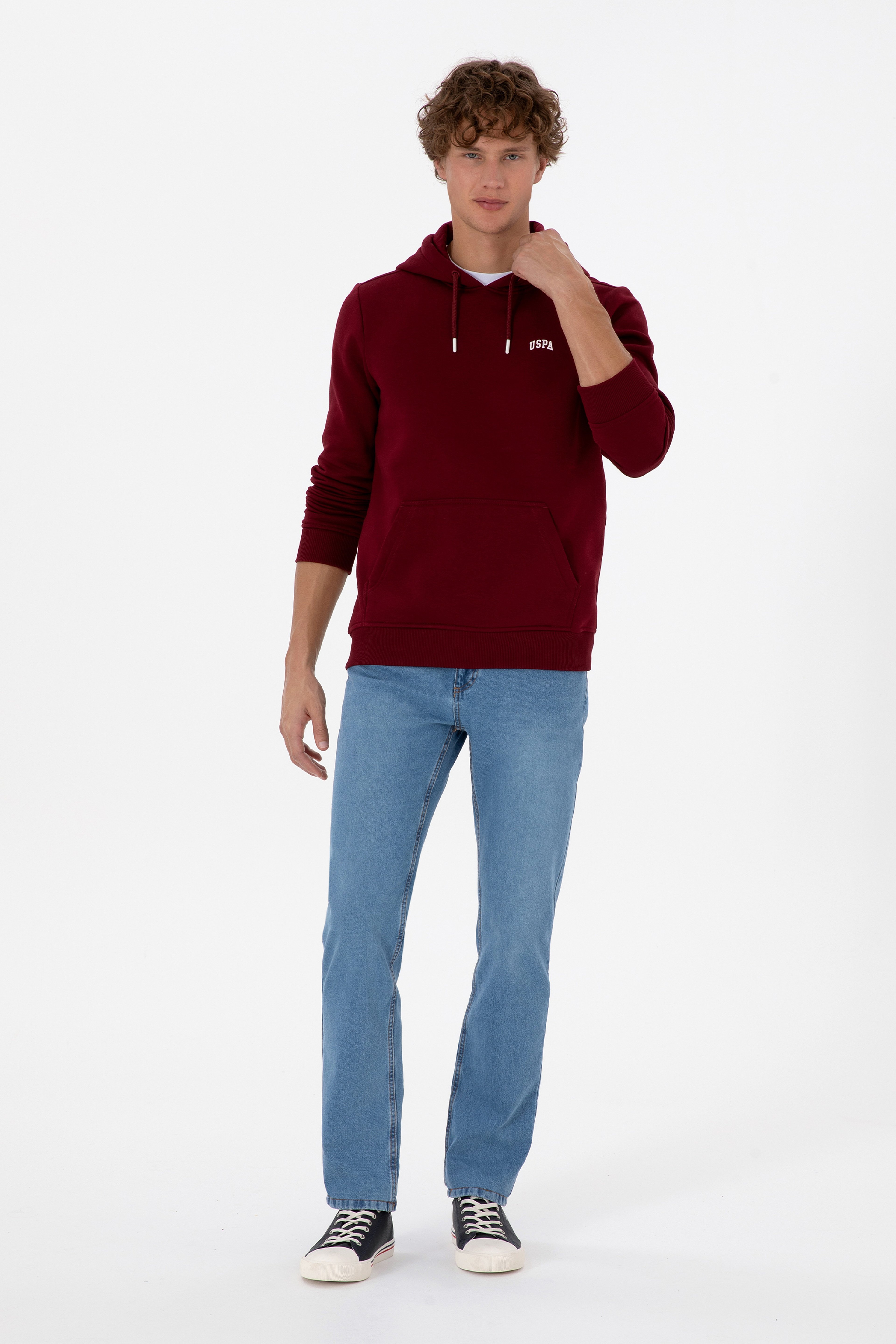 Erkek Regular Fit Kapüşonlu Şardonlu Bordo Basic Sweatshirt - Image 4