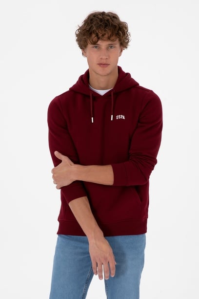 Erkek Regular Fit Kapüşonlu Şardonlu Bordo Basic Sweatshirt
