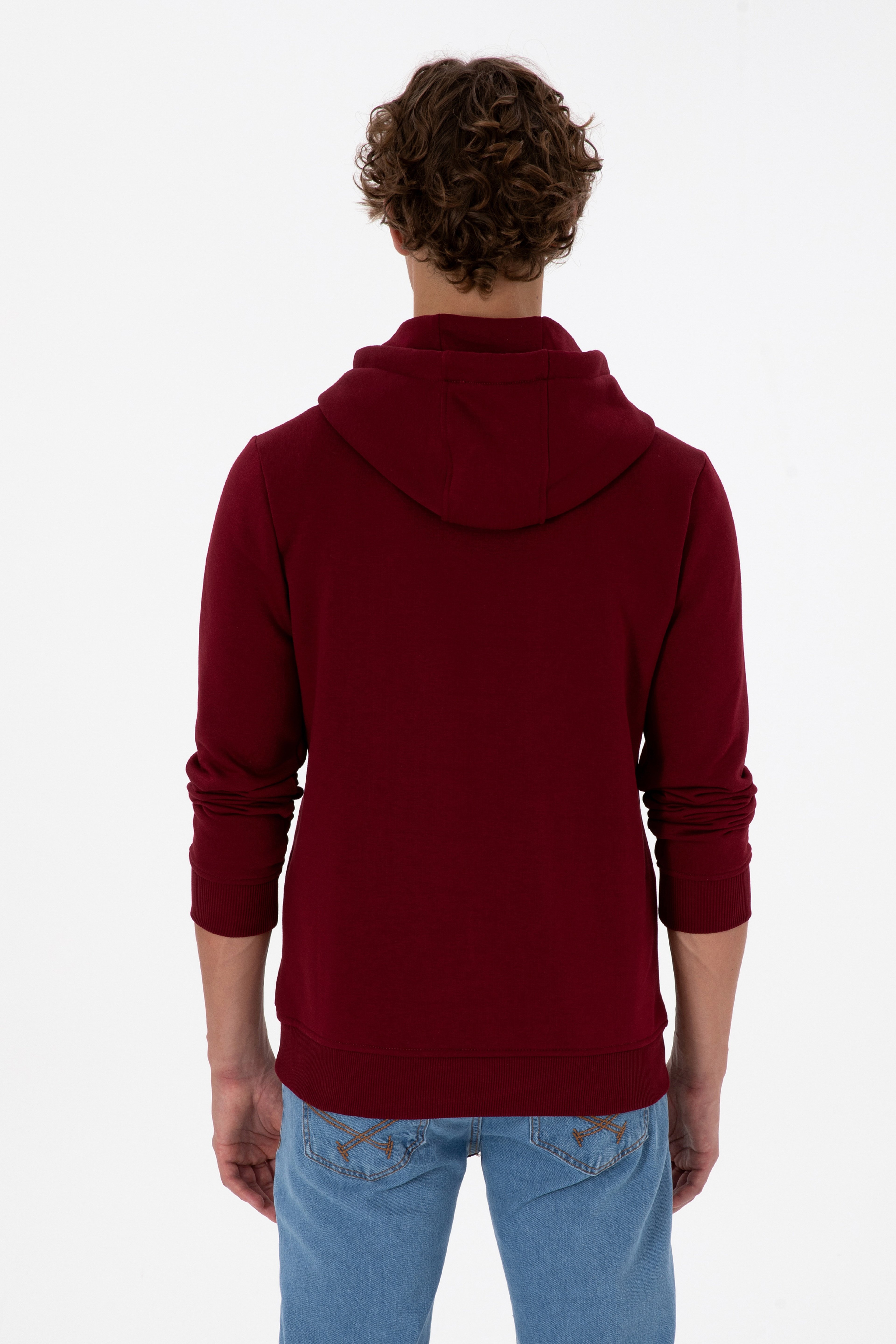 Erkek Regular Fit Kapüşonlu Şardonlu Bordo Basic Sweatshirt