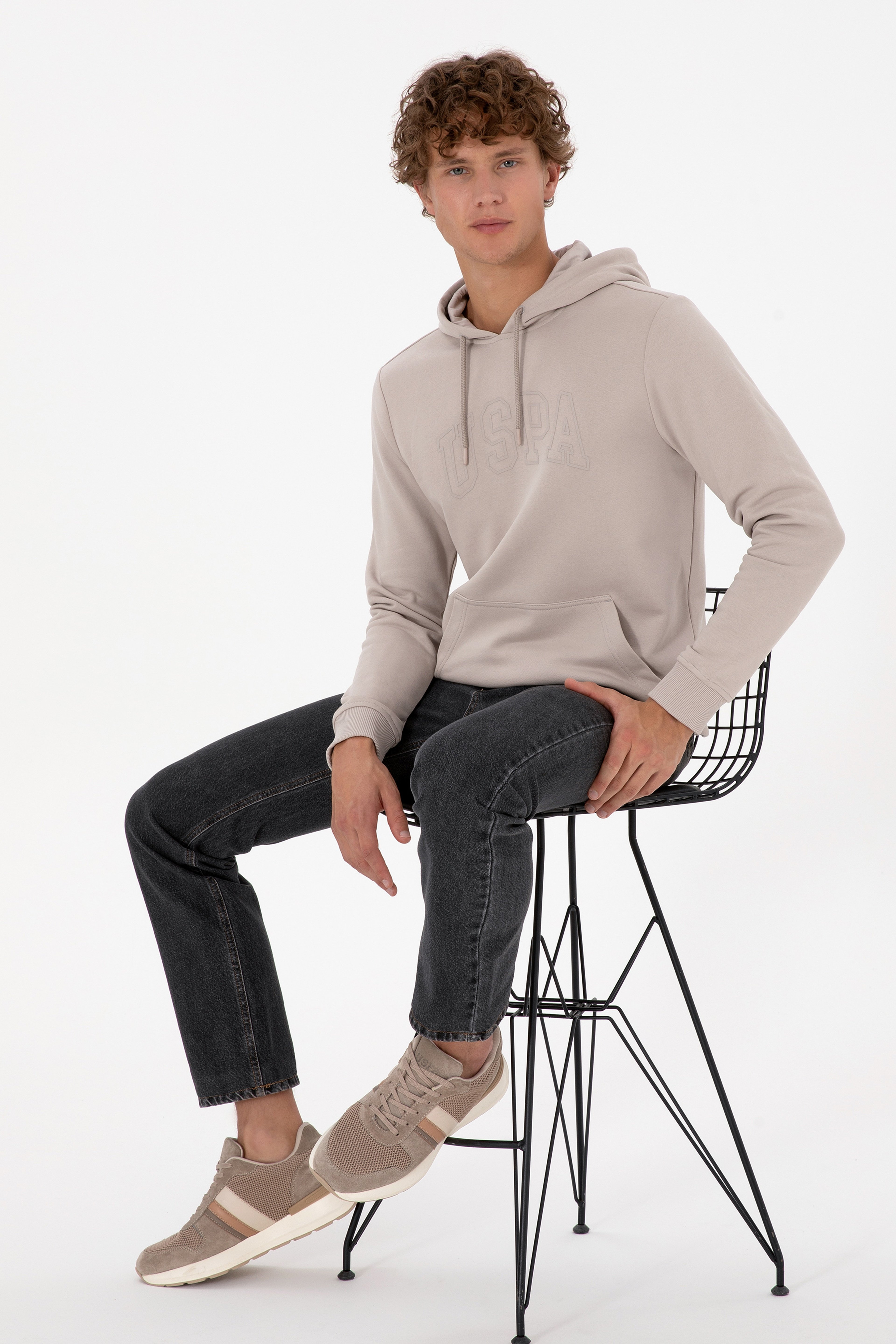 Erkek Regular Fit Kapüşonlu Taş Basic Sweatshirt