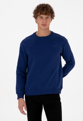 Erkek Comfort Fit Bisiklet Yaka Şardonlu İndigo Basic Sweatshirt - 50313757274