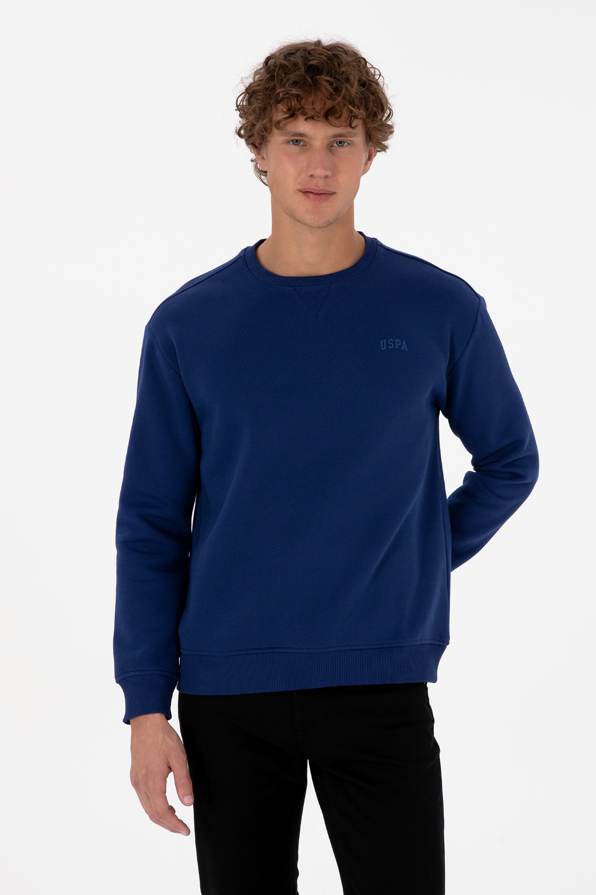 Erkek Comfort Fit Bisiklet Yaka Şardonlu İndigo Basic Sweatshirt - Image 1