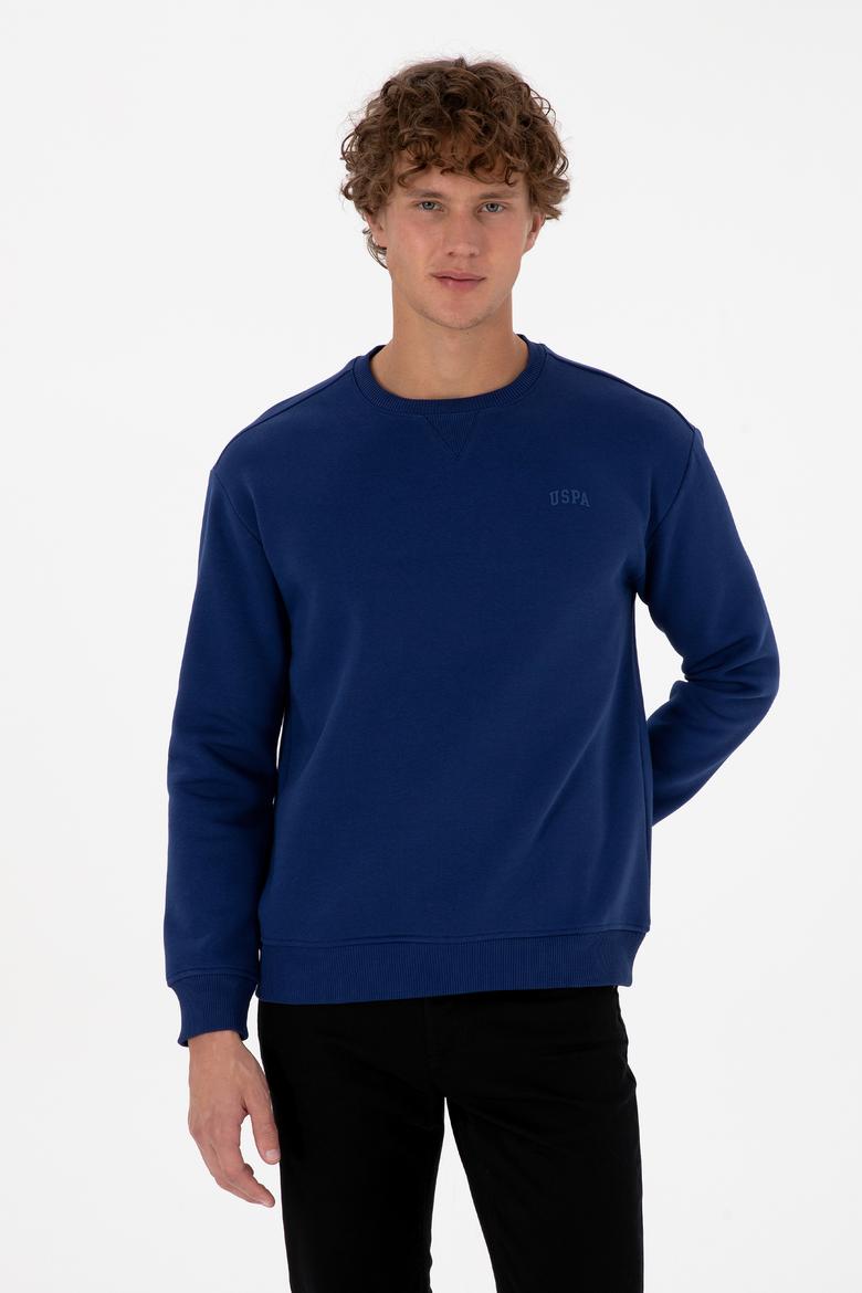 Erkek Comfort Fit Bisiklet Yaka Şardonlu İndigo Basic Sweatshirt