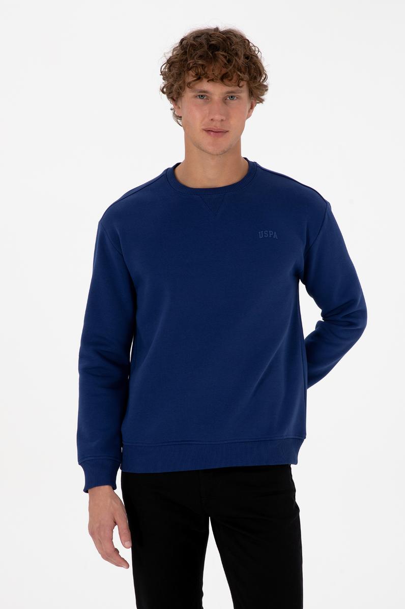 Erkek Comfort Fit Bisiklet Yaka Şardonlu İndigo Basic Sweatshirt