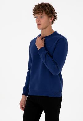 Erkek Comfort Fit Bisiklet Yaka Şardonlu İndigo Basic Sweatshirt - 50313757274