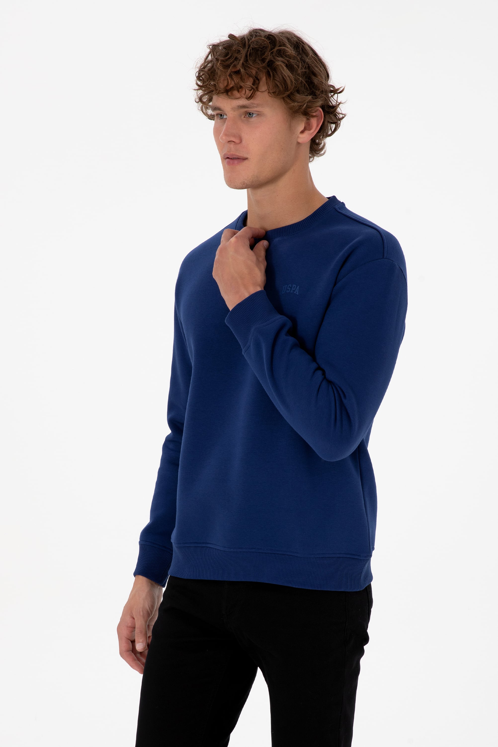 Erkek Comfort Fit Bisiklet Yaka Şardonlu İndigo Basic Sweatshirt - Image 3