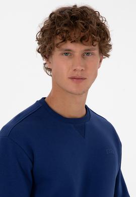 Erkek Comfort Fit Bisiklet Yaka Şardonlu İndigo Basic Sweatshirt - 50313757274