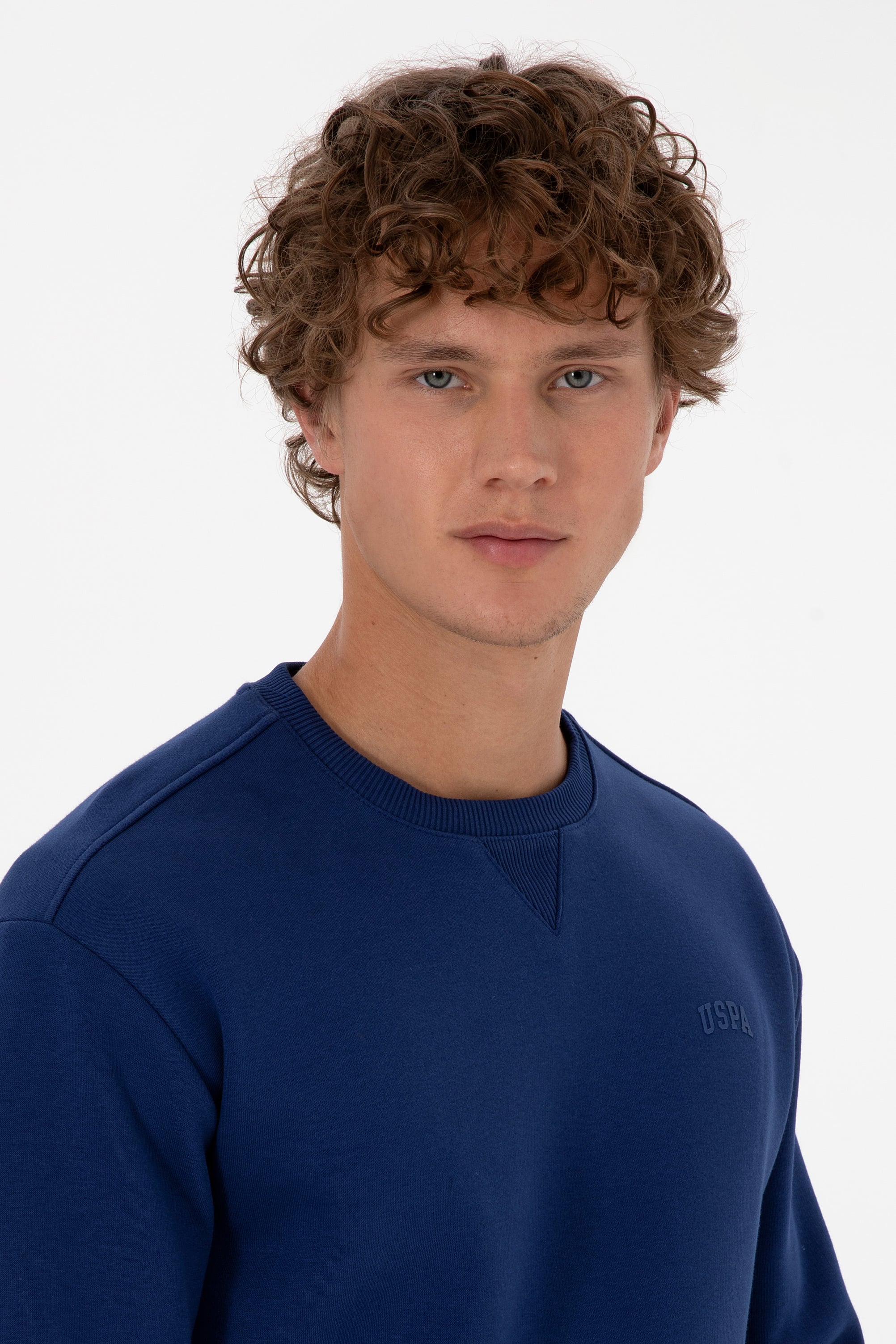 Erkek Comfort Fit Bisiklet Yaka Şardonlu İndigo Basic Sweatshirt