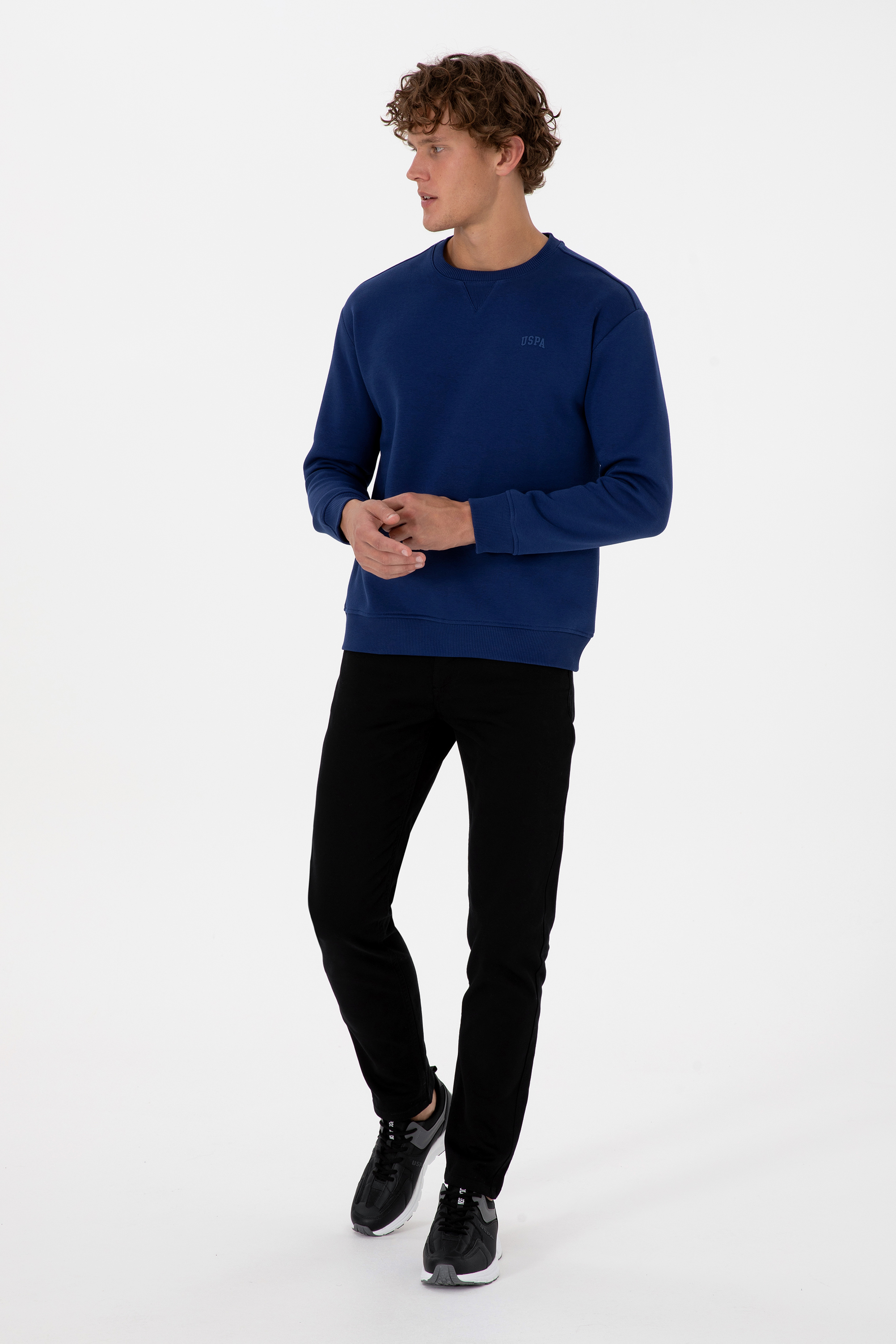 Erkek Comfort Fit Bisiklet Yaka Şardonlu İndigo Basic Sweatshirt - Image 4