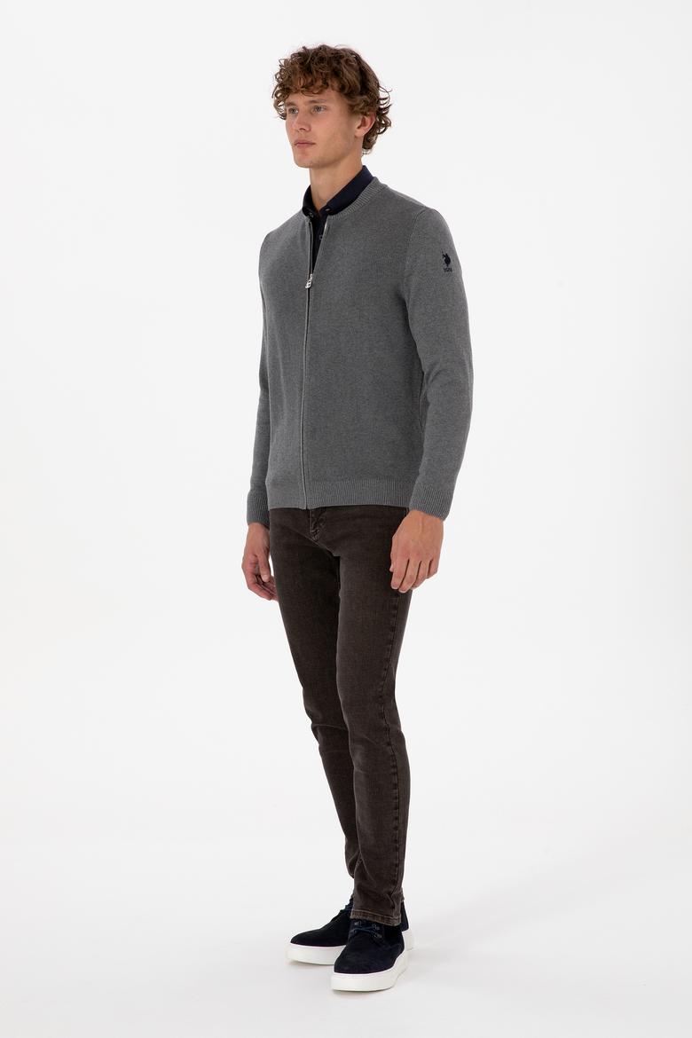 Erkek Gri Melanj Basic Triko Hırka - 50313721015