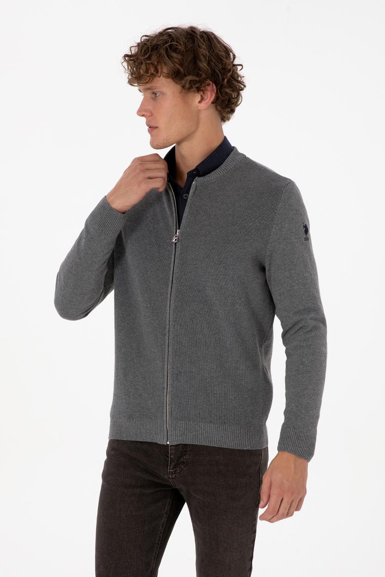 Erkek Gri Melanj Basic Triko Hırka - 50313721015