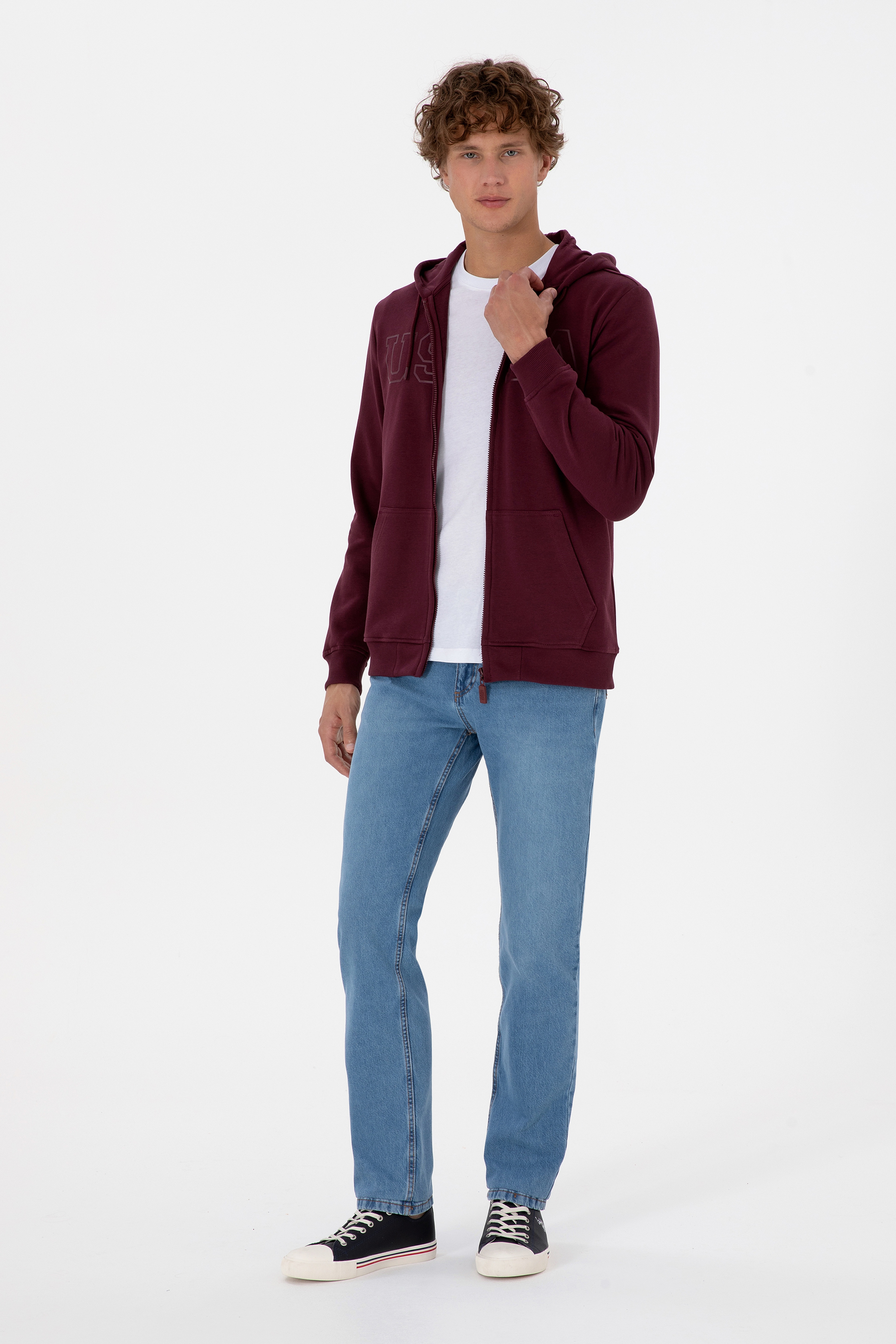 Erkek Regular Fit Fermuarlı Kapüşonlu Bordo Örme Hırka