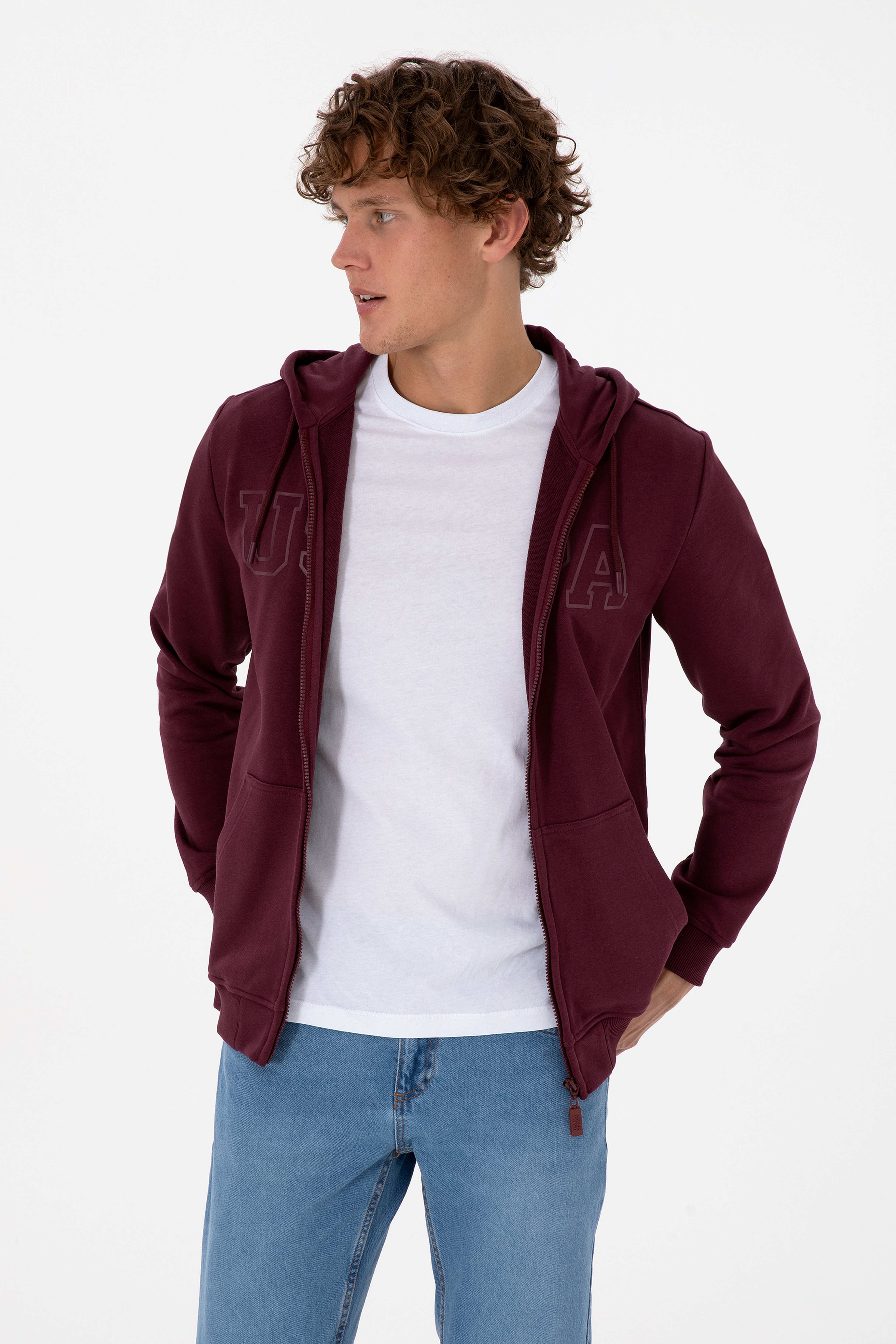 Erkek Regular Fit Fermuarlı Kapüşonlu Bordo Örme Hırka