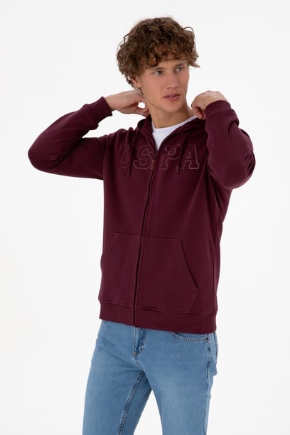 Erkek Regular Fit Fermuarlı Kapüşonlu Bordo Örme Hırka