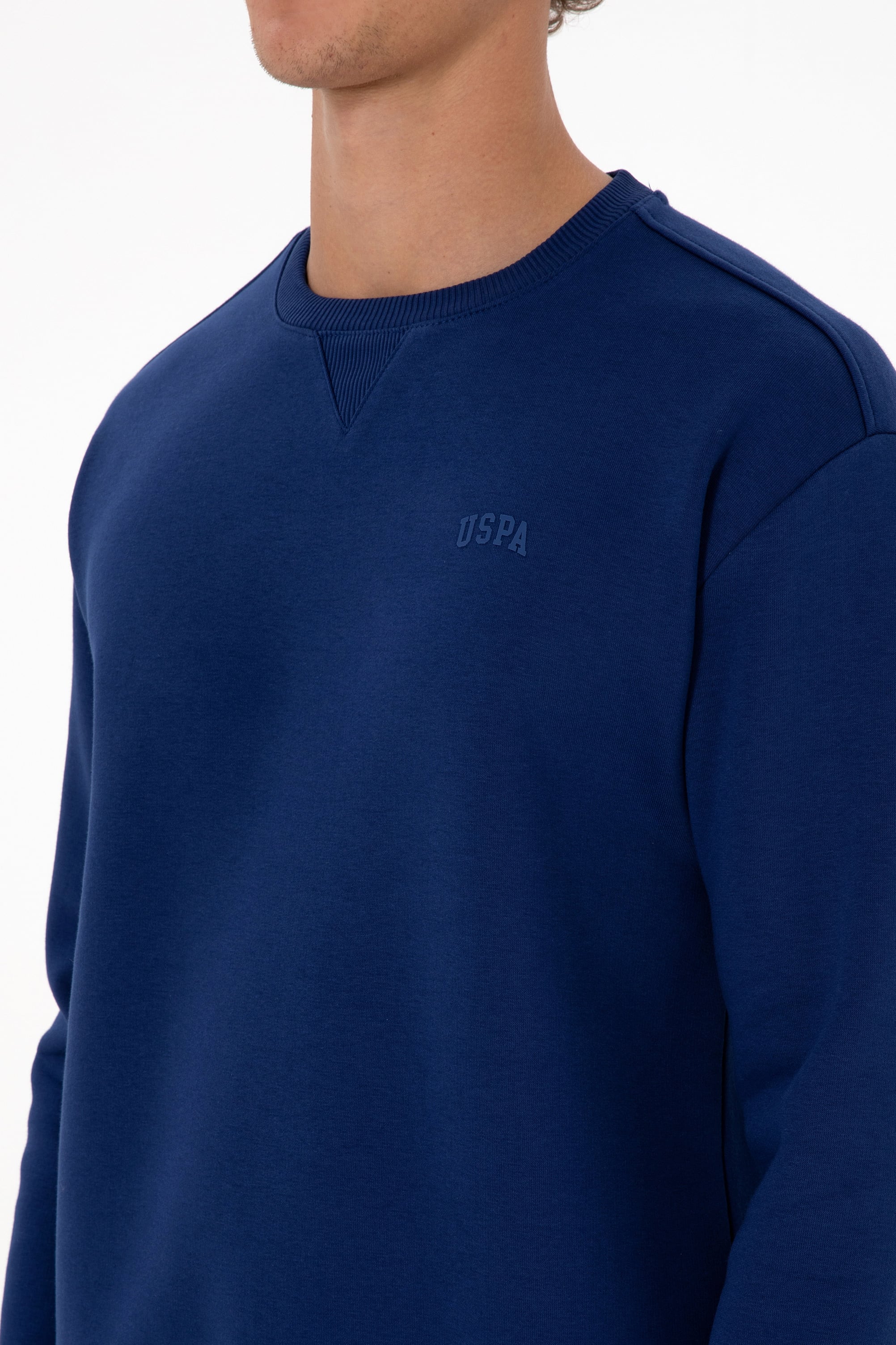 Erkek Comfort Fit Bisiklet Yaka Şardonlu İndigo Basic Sweatshirt