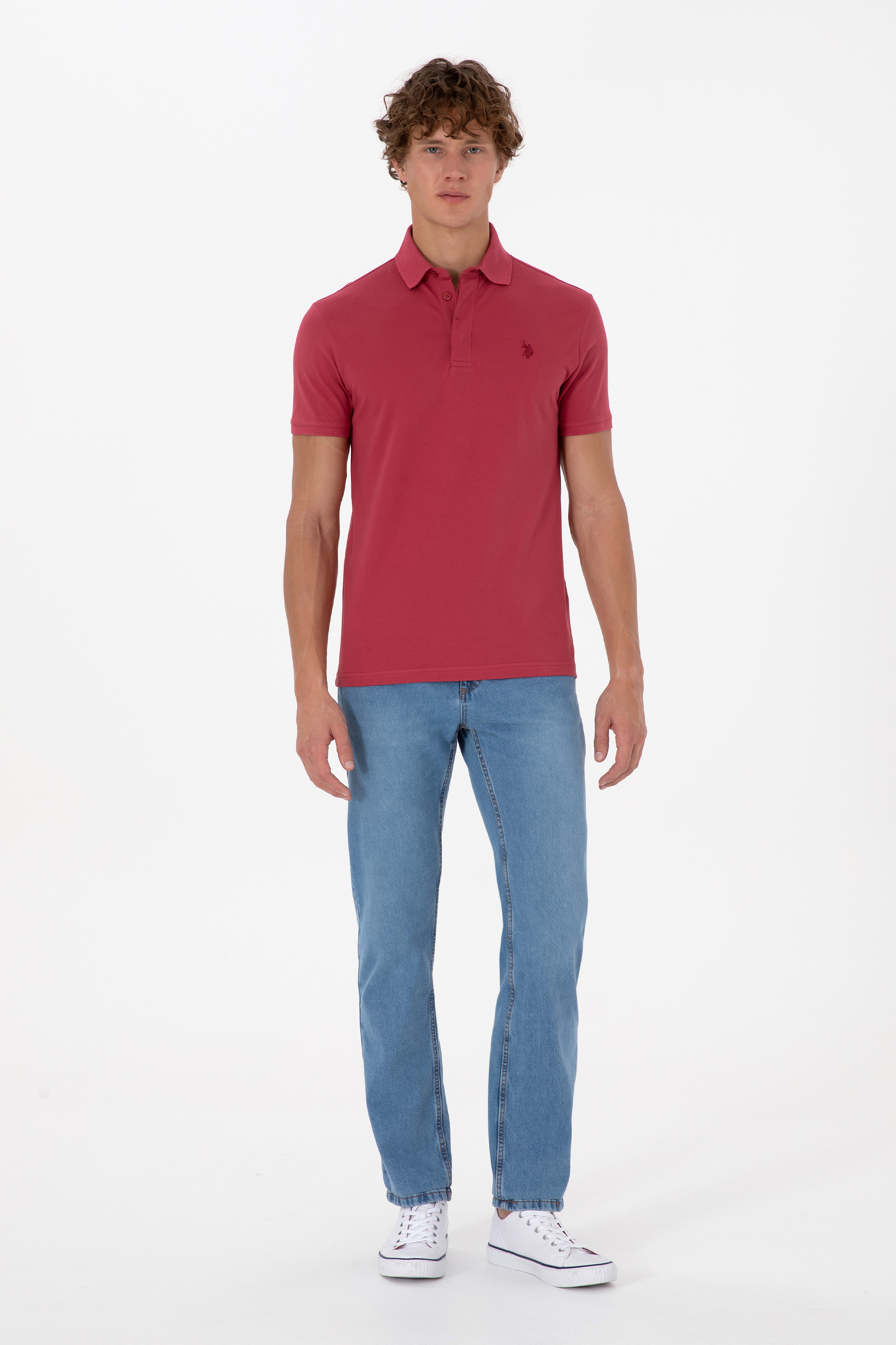 Erkek Slim Fit Polo Yaka Vişne Basic Tişört