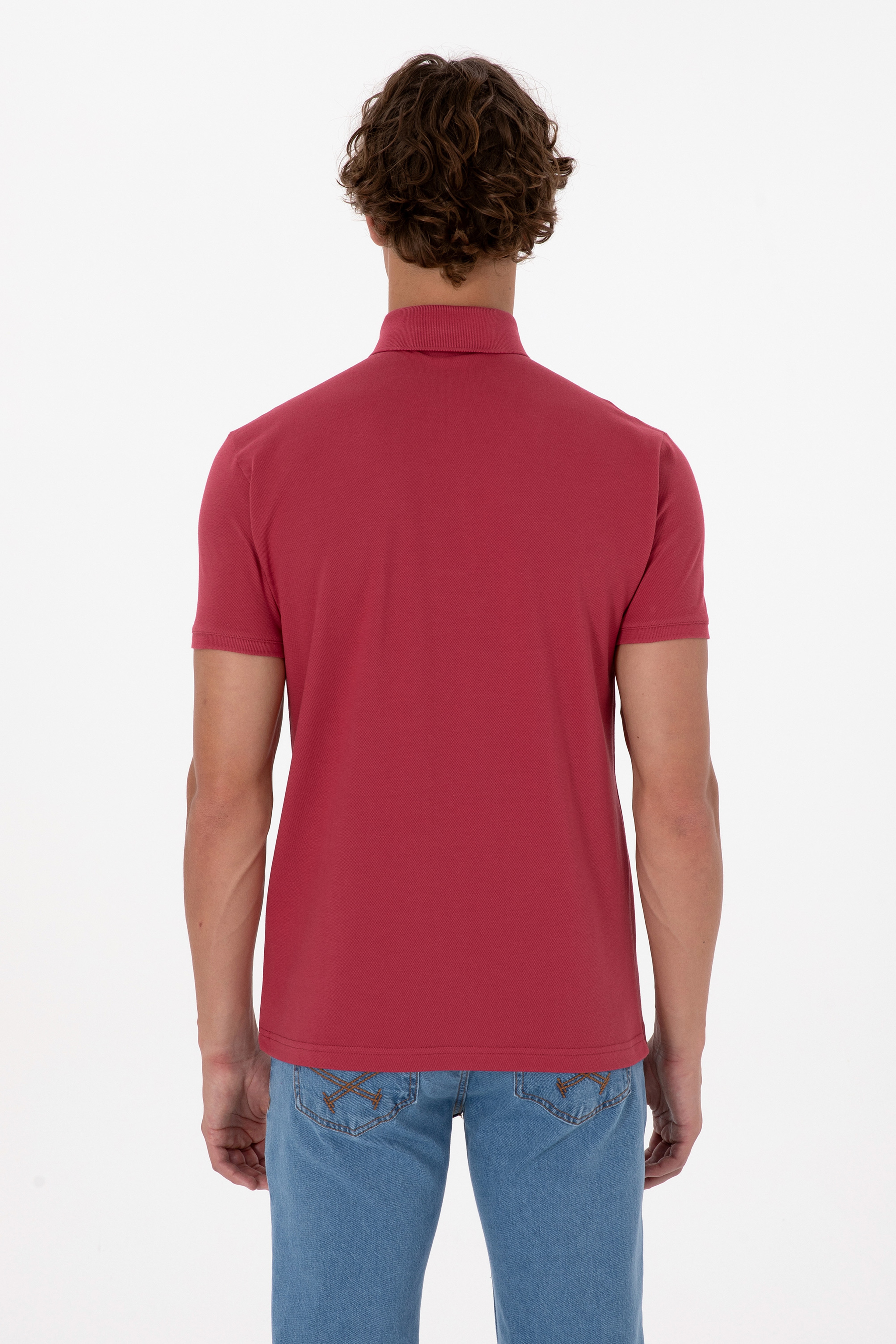 Erkek Slim Fit Polo Yaka Vişne Basic Tişört - Image 5