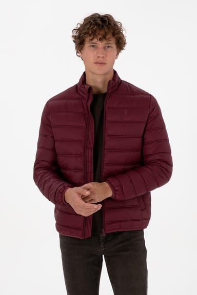 Erkek Bordo Kapüşonlu Fermuarlı Şişme Mont