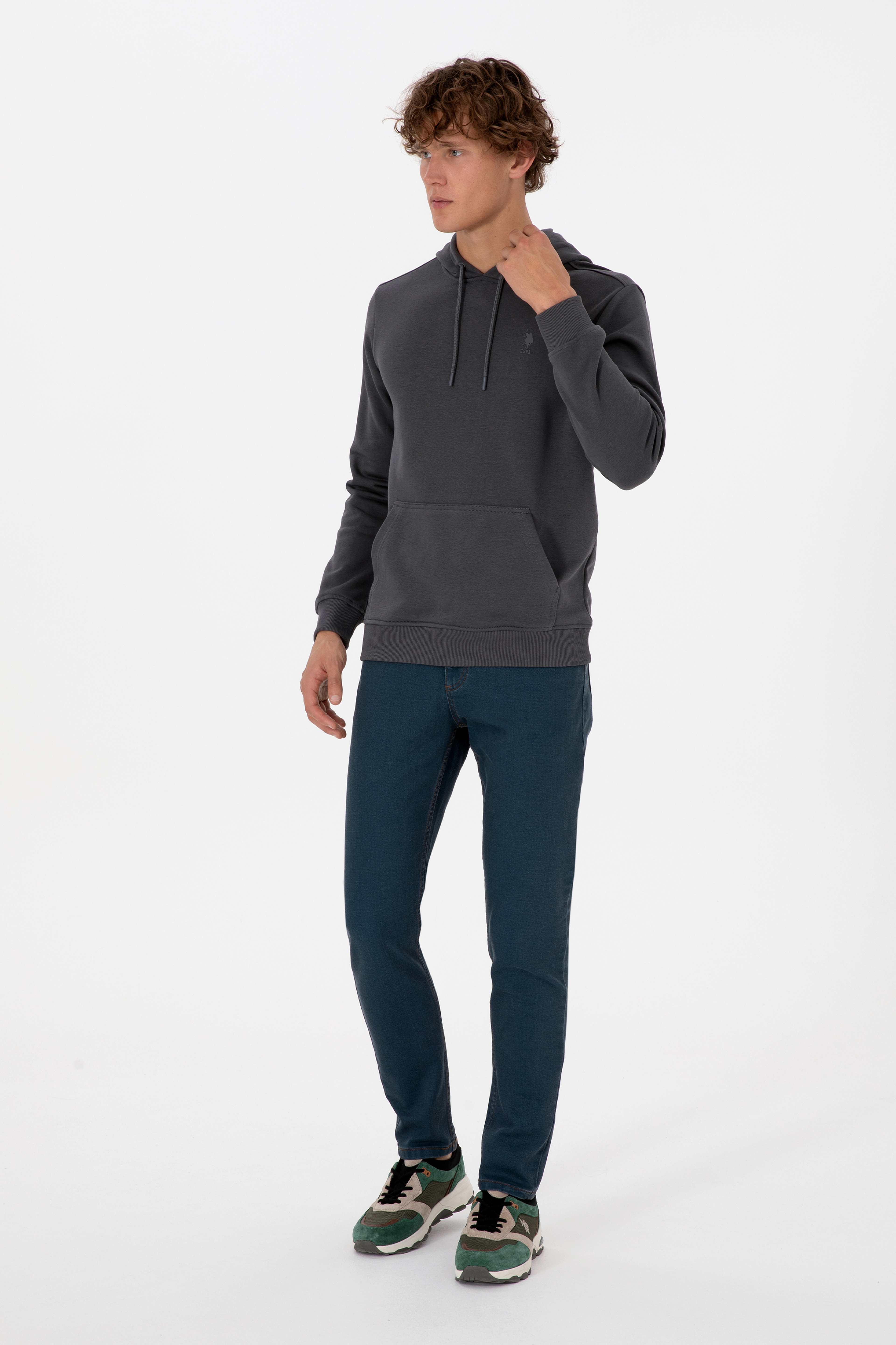 Erkek Regular Fit Kapüşonlu Grı Basic Sweatshirt