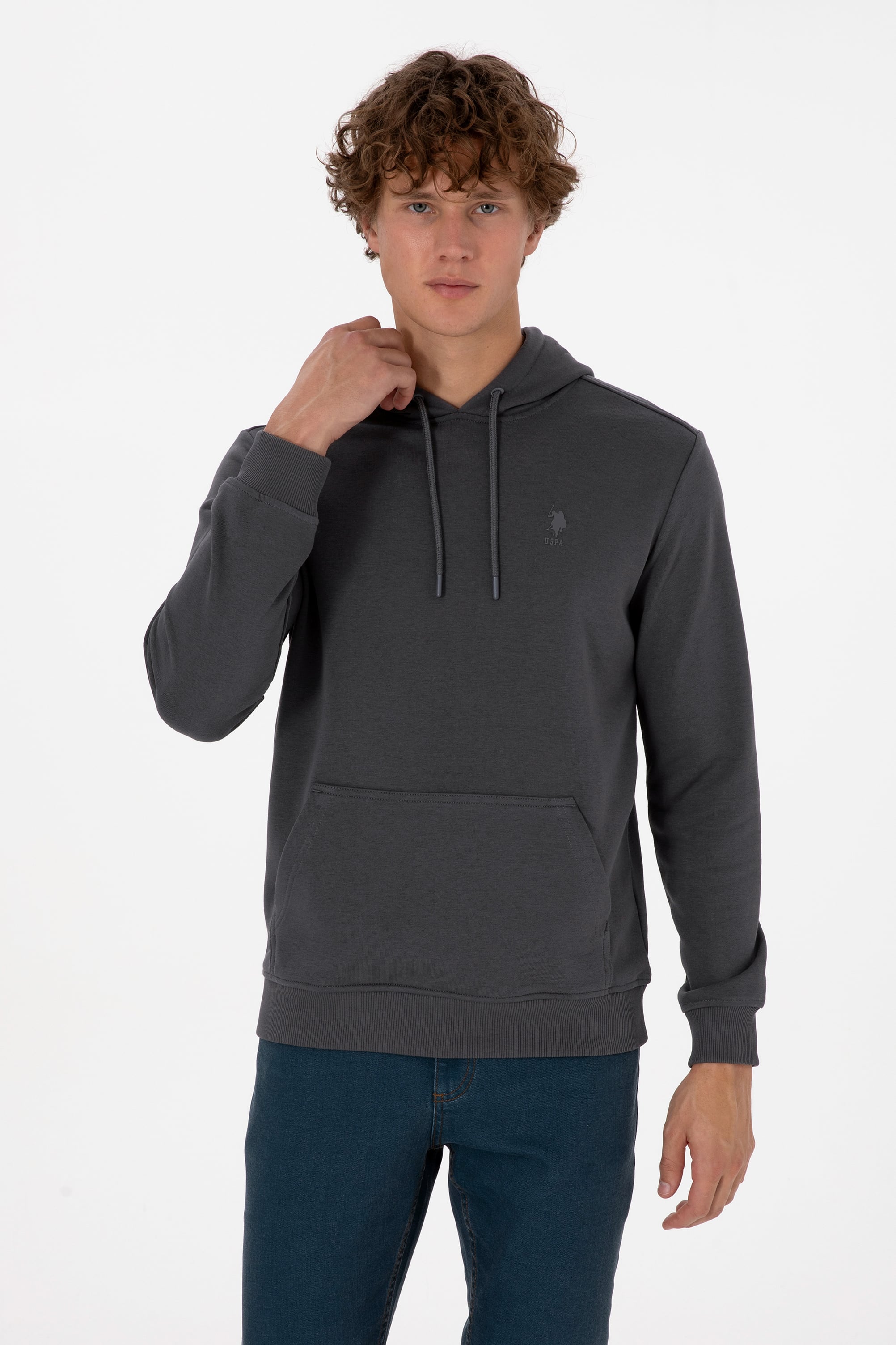 Erkek Regular Fit Kapüşonlu Grı Basic Sweatshirt - Image 1