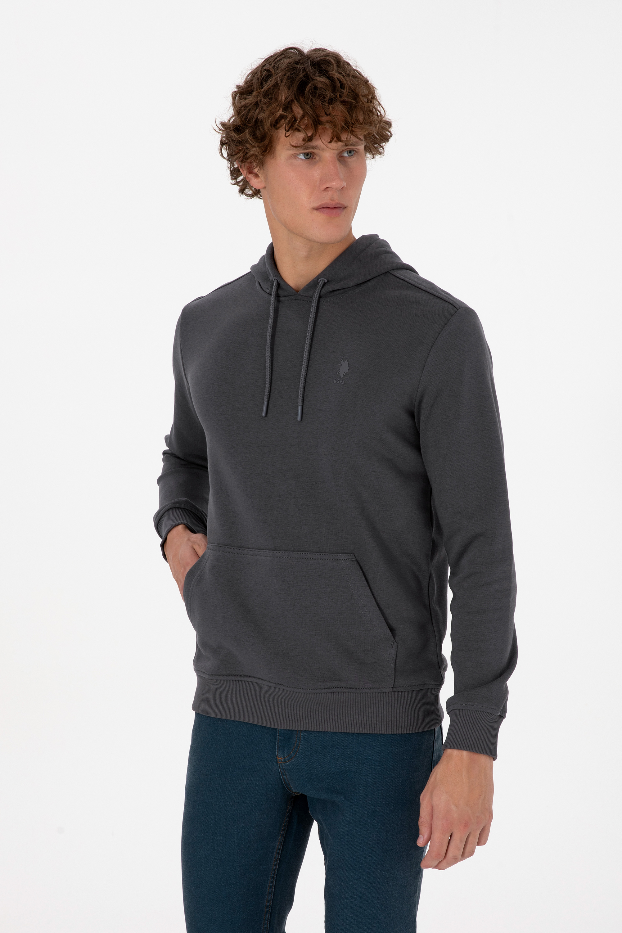 Erkek Regular Fit Kapüşonlu Grı Basic Sweatshirt - Image 3