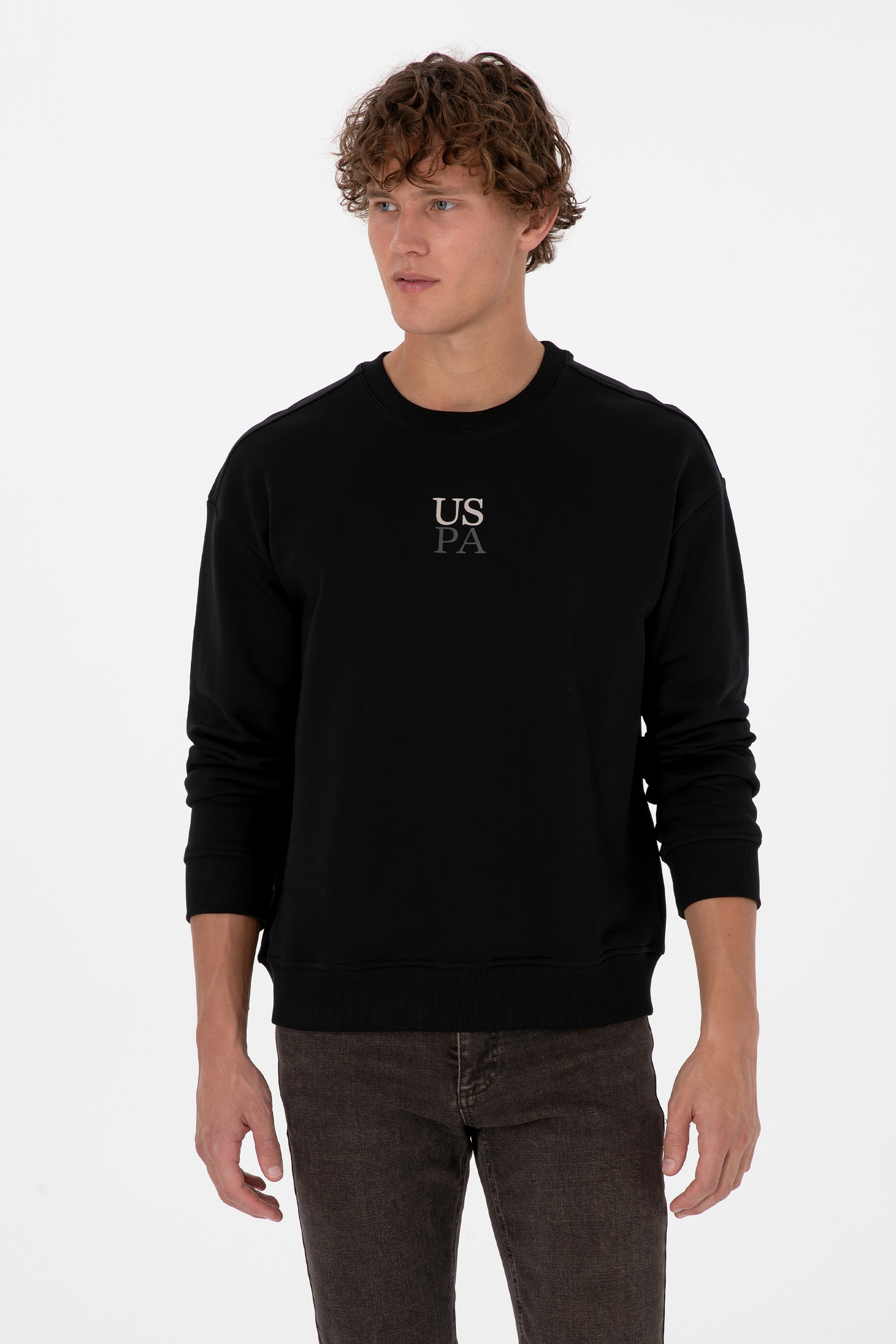 Erkek Bisiklet Yaka Comfort Fit Siyah Basic Sweatshirt