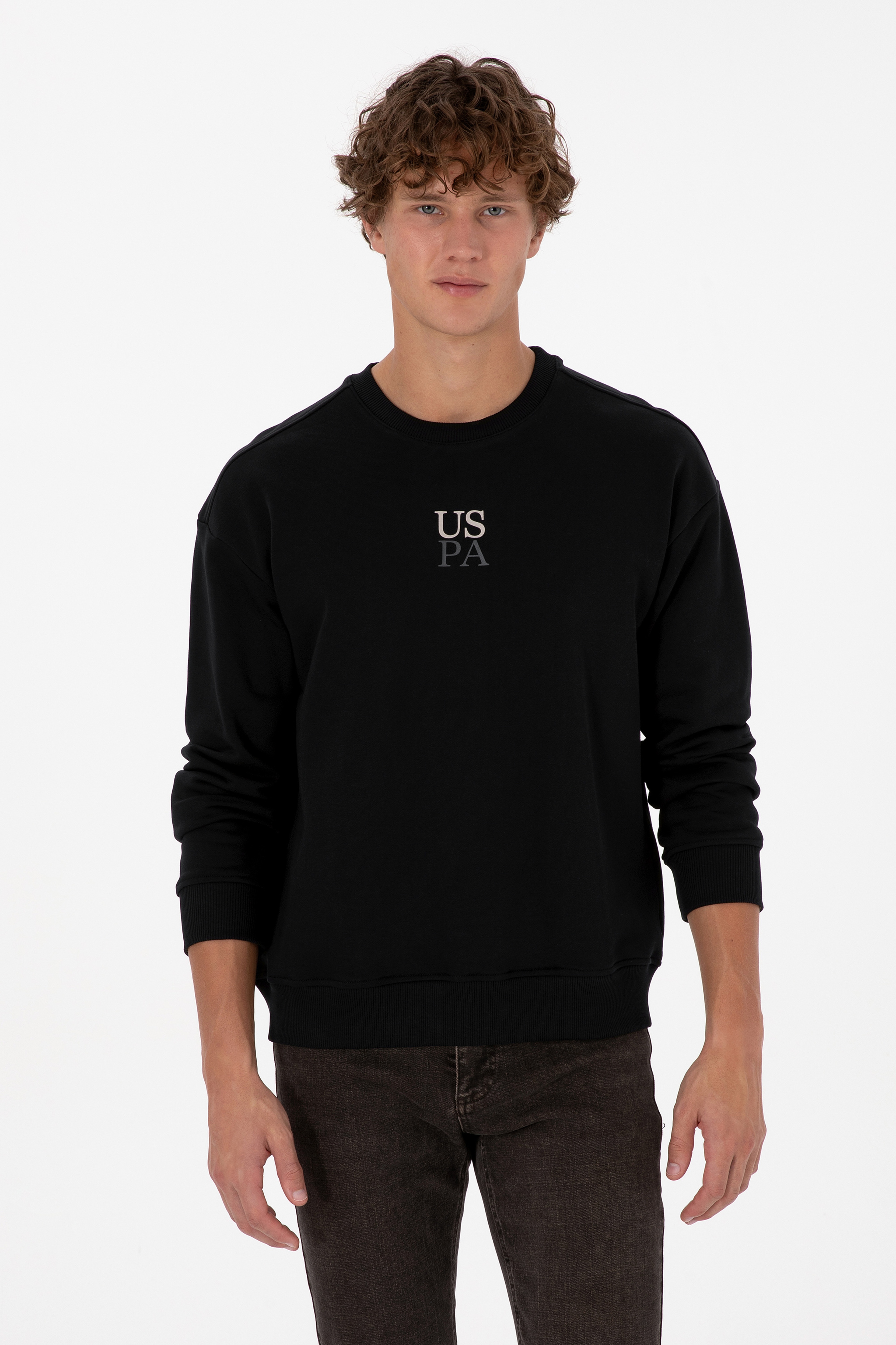 Erkek Bisiklet Yaka Comfort Fit Siyah Basic Sweatshirt - Image 1