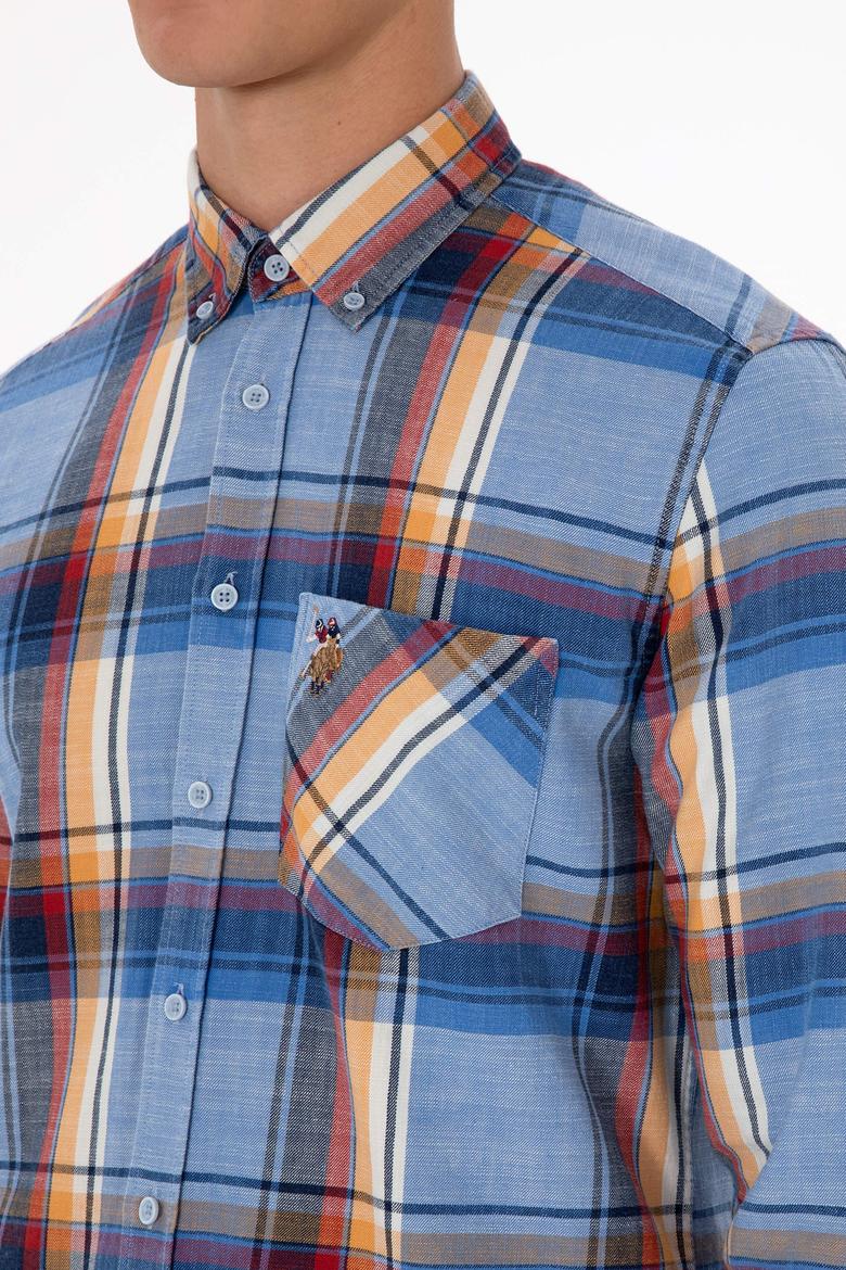 Erkek Saks Ekoseli Uzun Kollu Cepli Gömlek - 50308481008