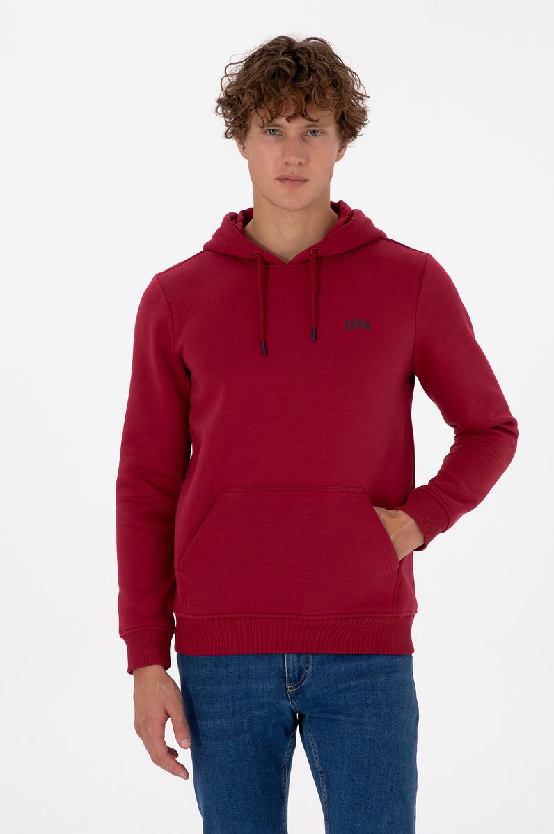 Erkek Regular Fit Kapüşonlu Şardonlu Koyu Frambuaz Basic Sweatshirt