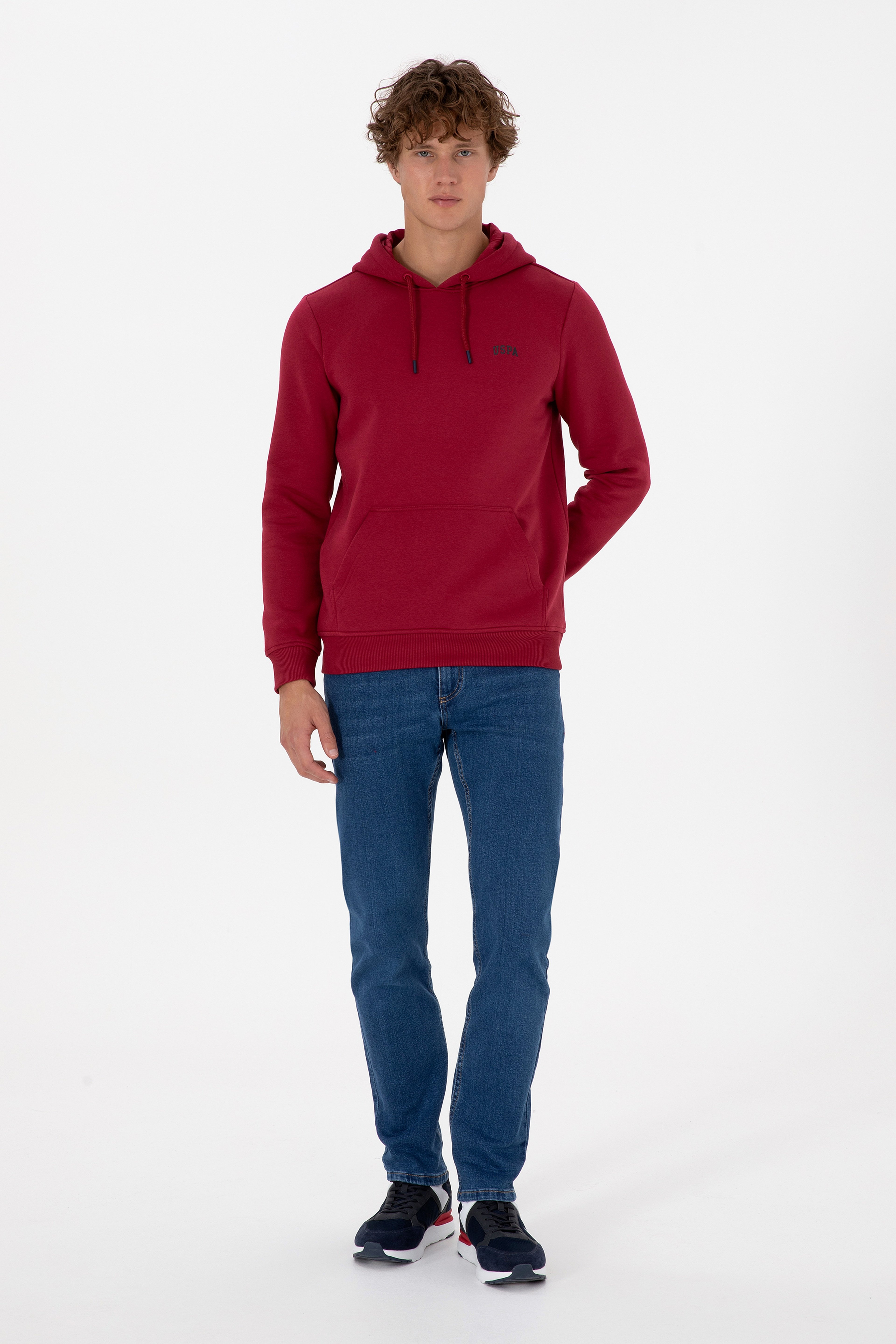 Erkek Regular Fit Kapüşonlu Şardonlu Koyu Frambuaz Basic Sweatshirt - Image 4