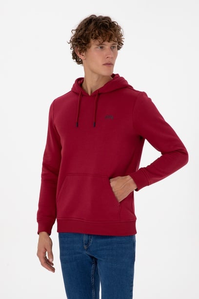 Erkek Regular Fit Kapüşonlu Şardonlu Koyu Frambuaz Basic Sweatshirt