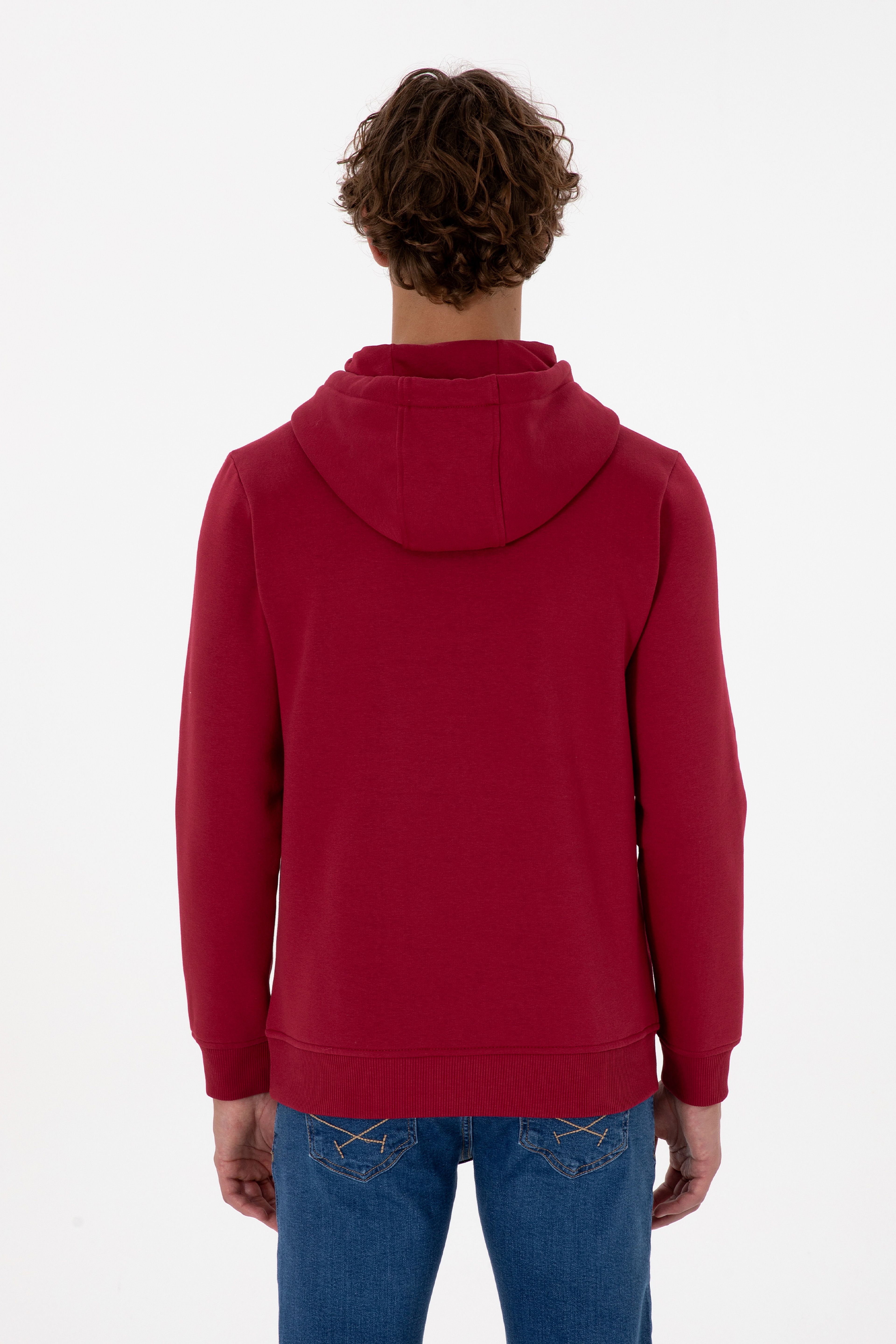 Erkek Regular Fit Kapüşonlu Şardonlu Koyu Frambuaz Basic Sweatshirt - Image 5