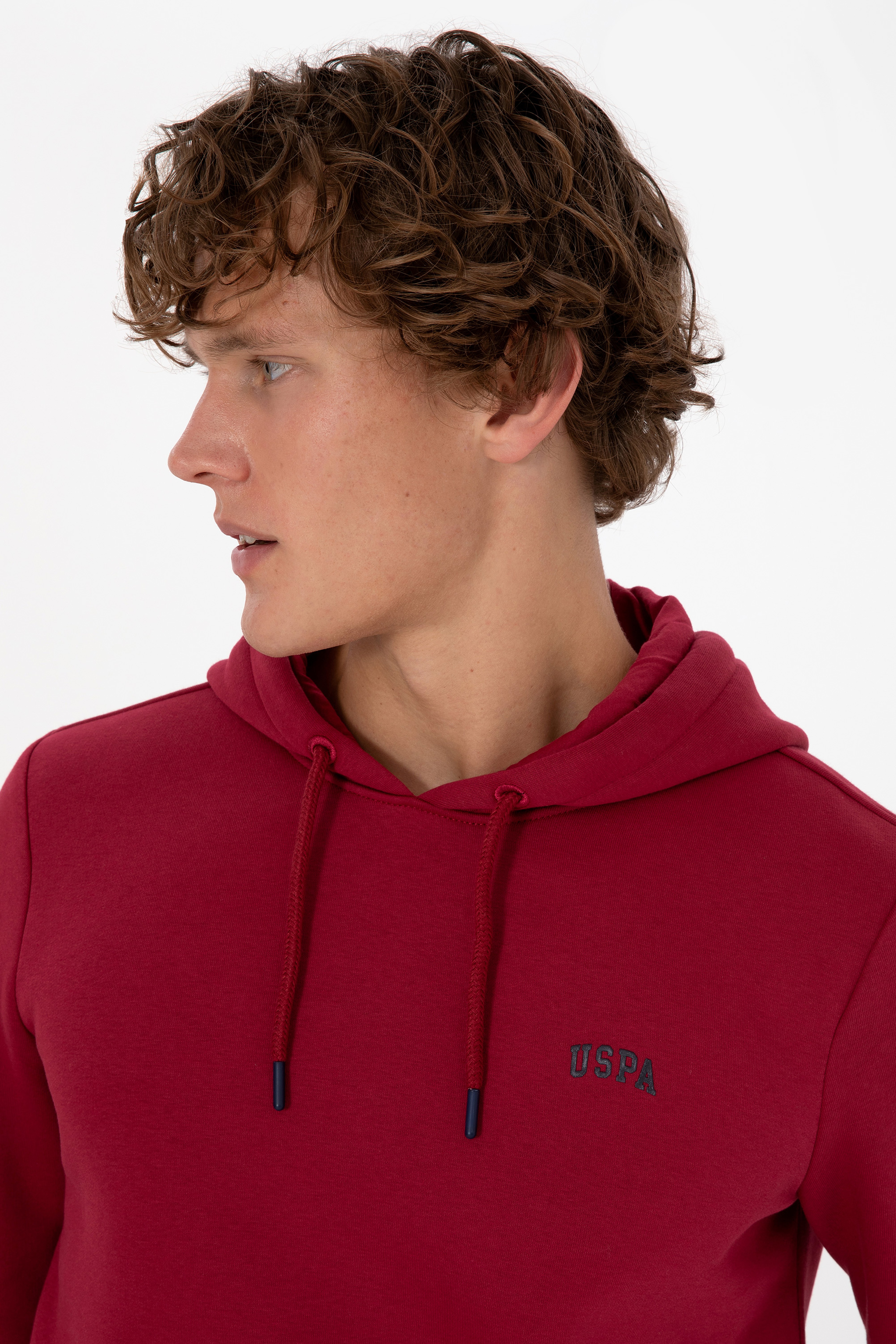 Erkek Regular Fit Kapüşonlu Şardonlu Koyu Frambuaz Basic Sweatshirt - Image 2