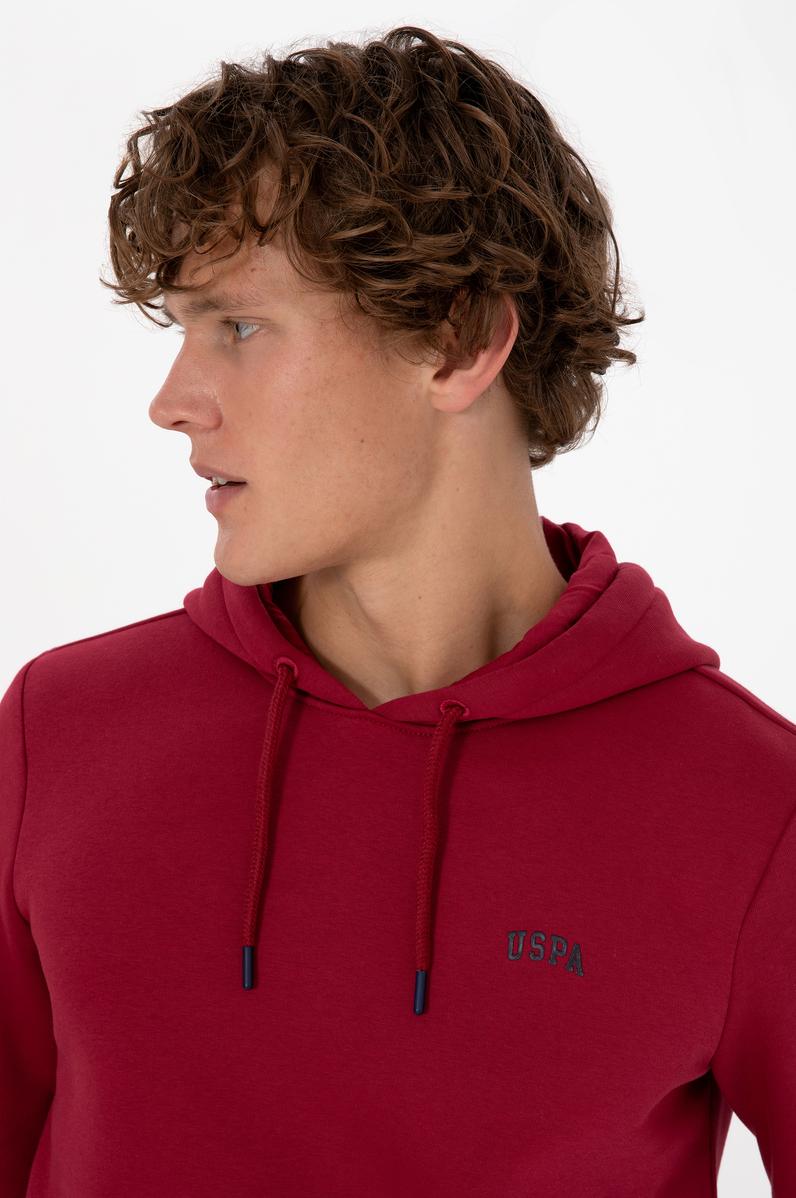 Erkek Regular Fit Kapüşonlu Şardonlu Koyu Frambuaz Basic Sweatshirt