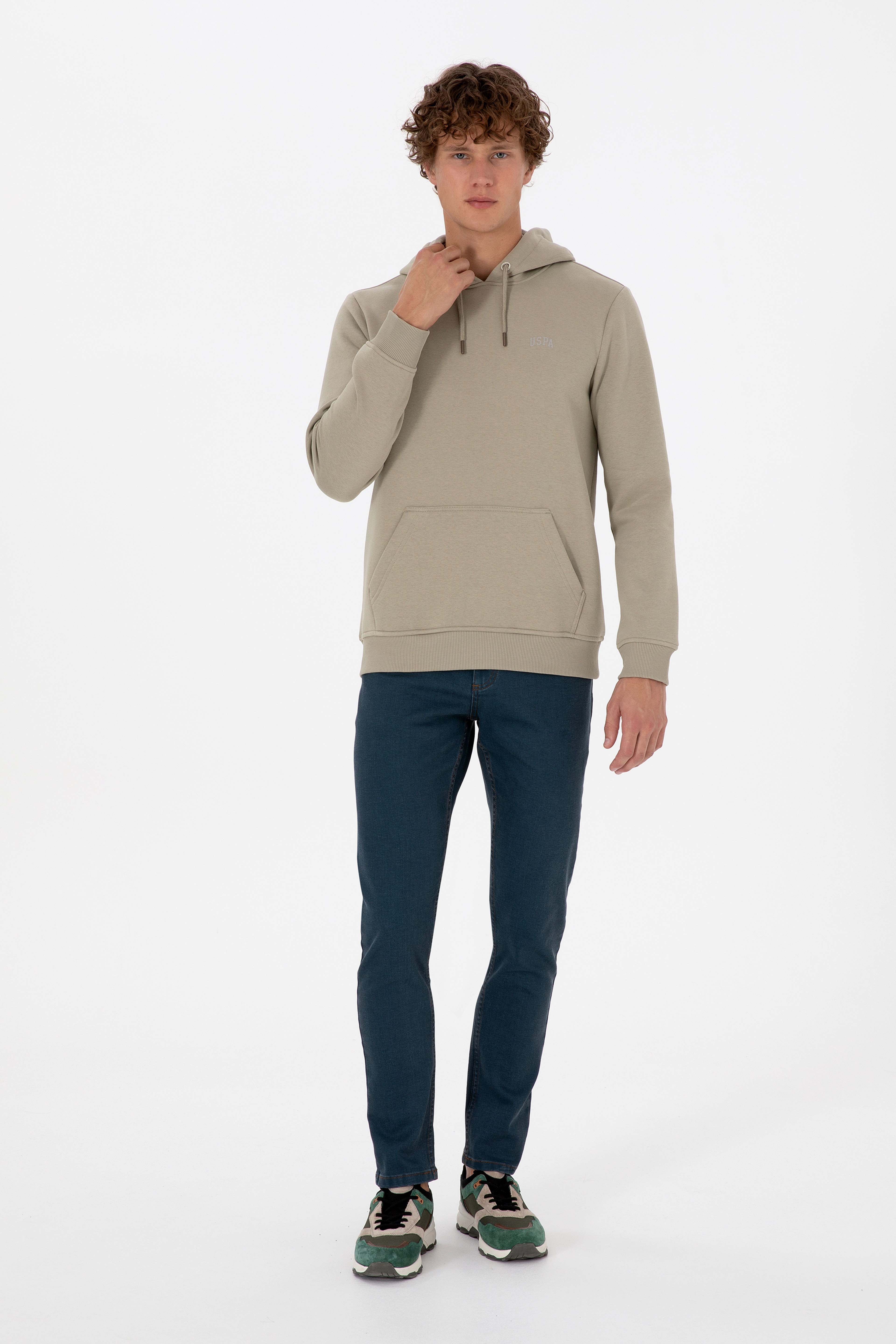 Erkek Regular Fit Kapüşonlu Şardonlu Açık Haki Basic Sweatshirt - Image 4