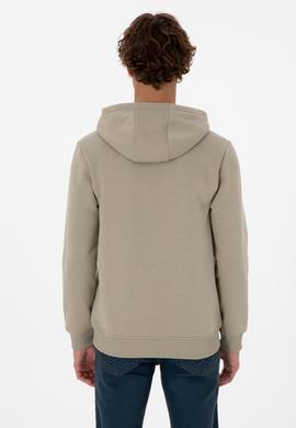 Erkek Regular Fit Kapüşonlu Şardonlu Açık Haki Basic Sweatshirt - 50315582149