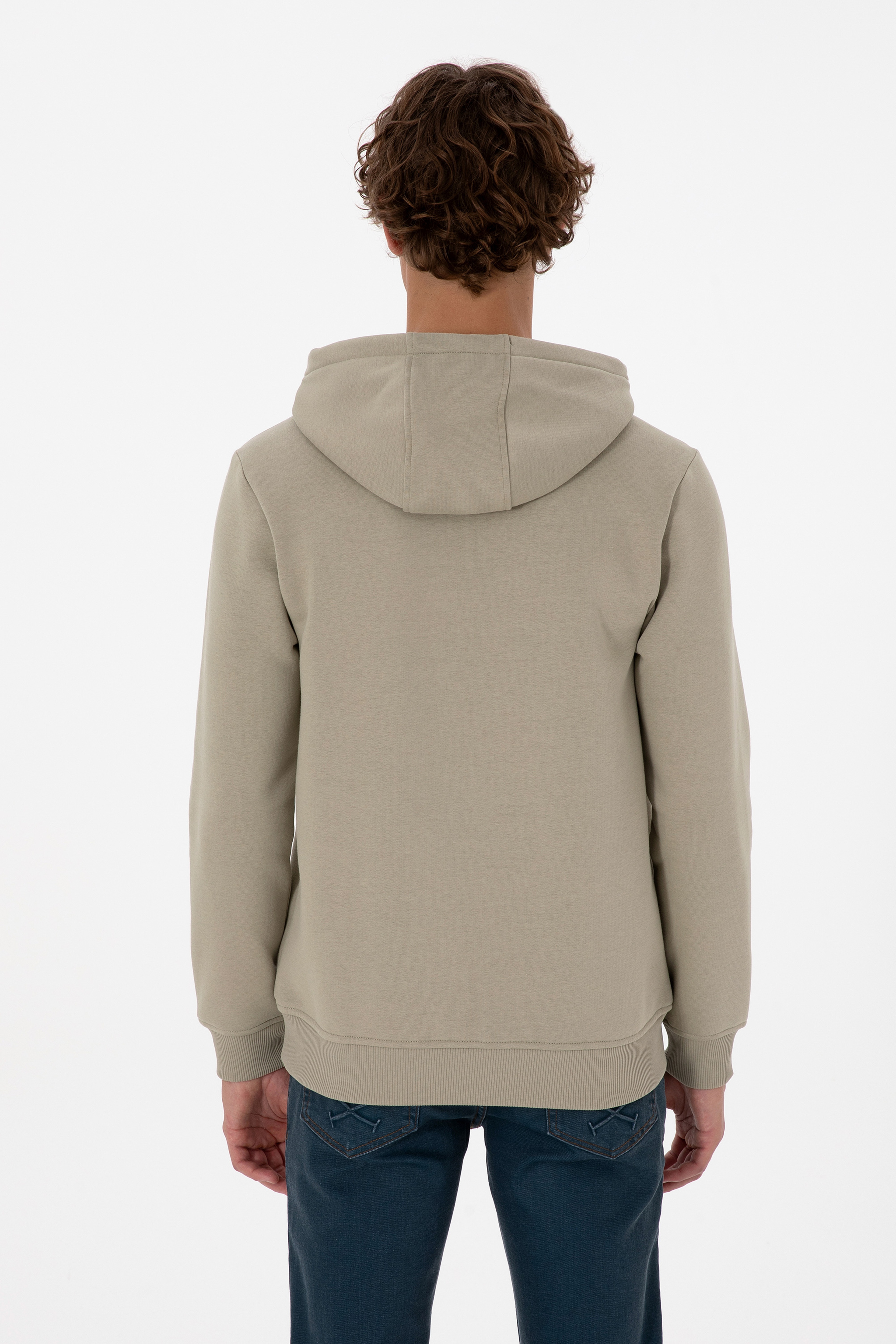 Erkek Regular Fit Kapüşonlu Şardonlu Açık Haki Basic Sweatshirt - Image 5