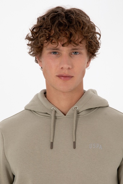 Erkek Regular Fit Kapüşonlu Şardonlu Açık Haki Basic Sweatshirt